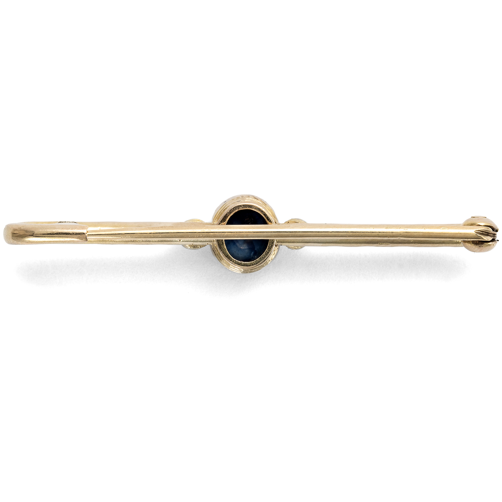 Antike Sicherheitsnadel mit Saphir und Diamanten in Gold, um 1900 Antike Sicherheitsnadel mit Saphir und Diamanten in Gold, um 1900