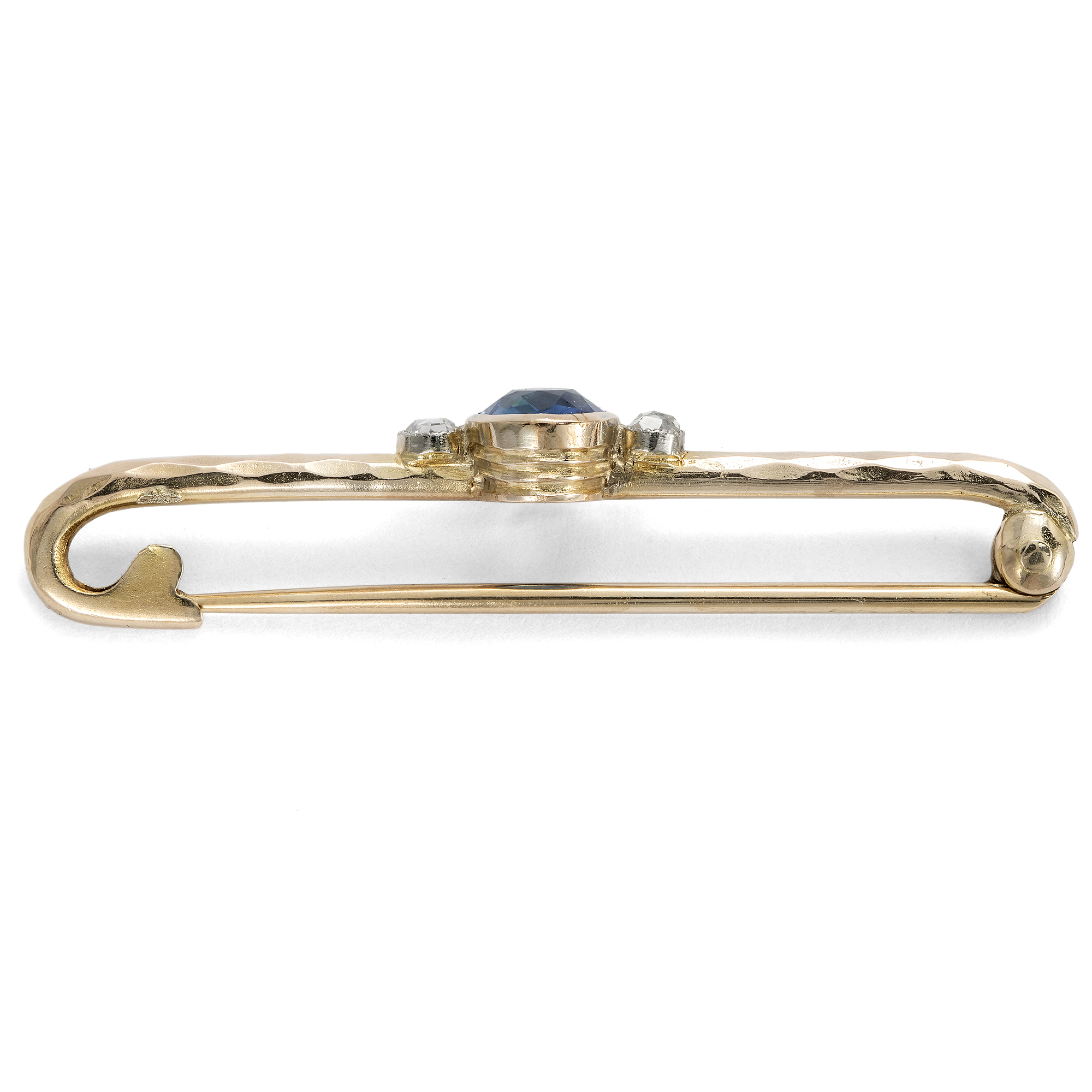 Antike Sicherheitsnadel mit Saphir und Diamanten in Gold, um 1900 Antike Sicherheitsnadel mit Saphir und Diamanten in Gold, um 1900