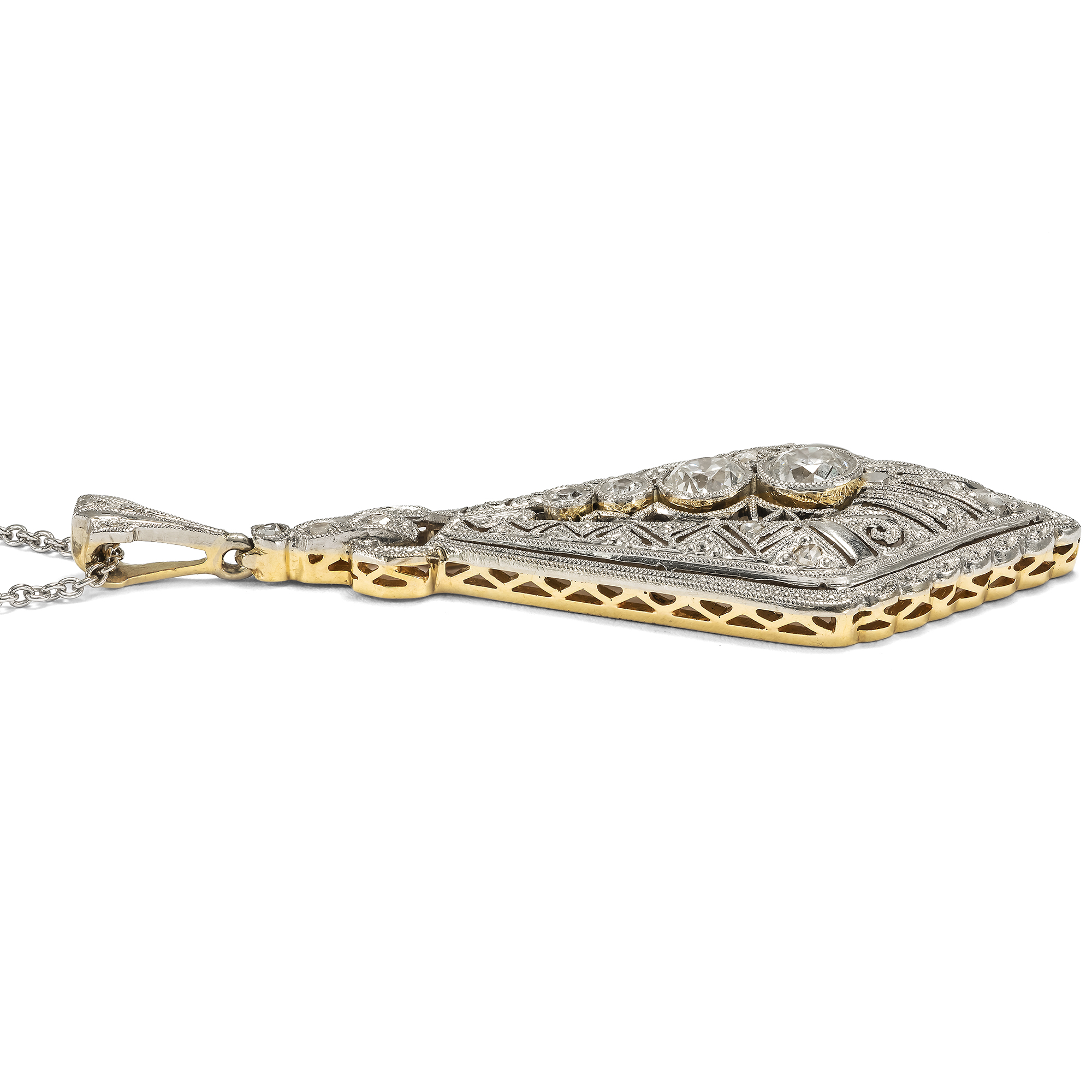 Glamorous Art Deco Pendant with a Diamond in Gold and Platinum on a Chain, circa 1930 Glamorous Art Deco Pendant with a Diamond in Gold and Platinum on a Chain, circa 1930