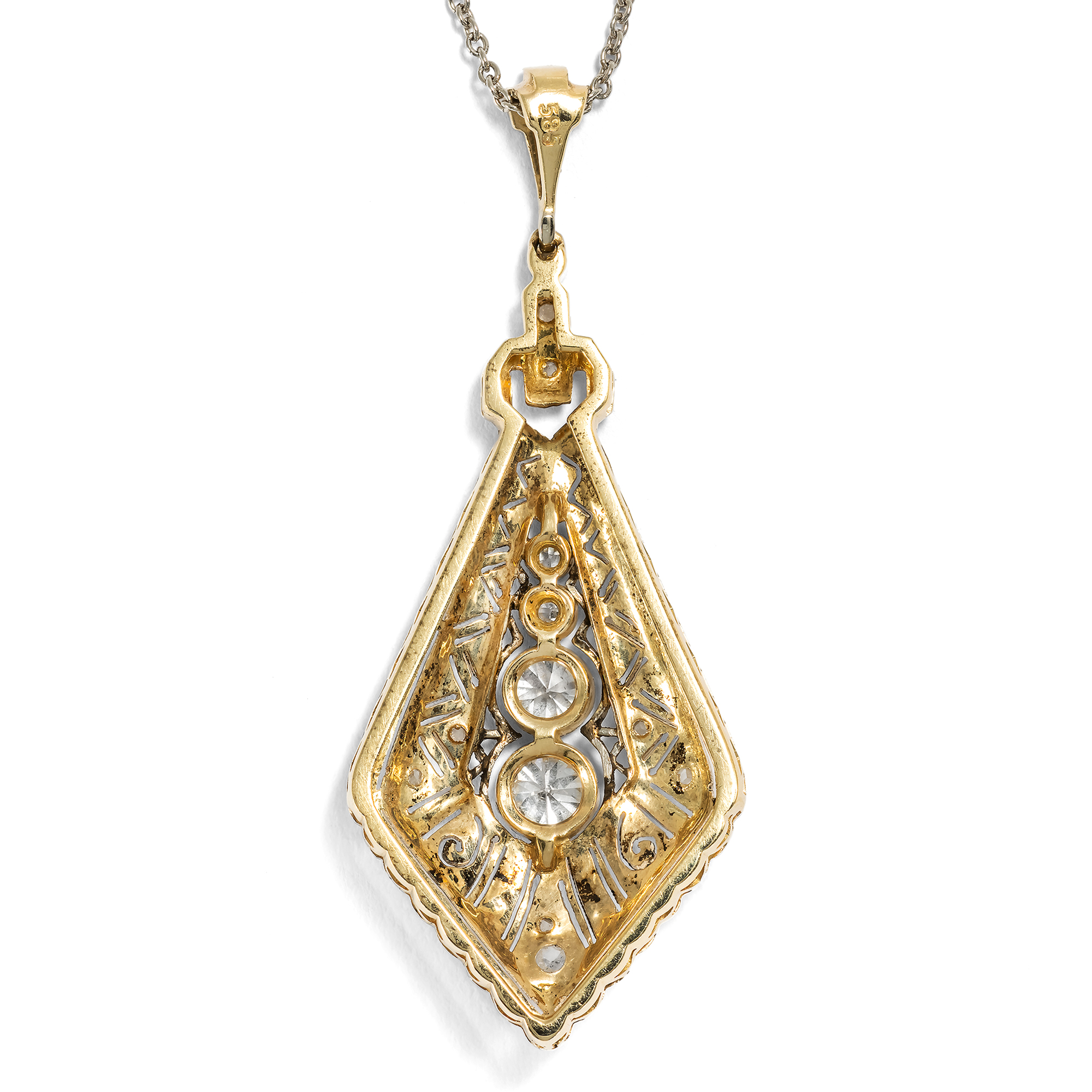 Glamorous Art Deco Pendant with a Diamond in Gold and Platinum on a Chain, circa 1930 Glamorous Art Deco Pendant with a Diamond in Gold and Platinum on a Chain, circa 1930