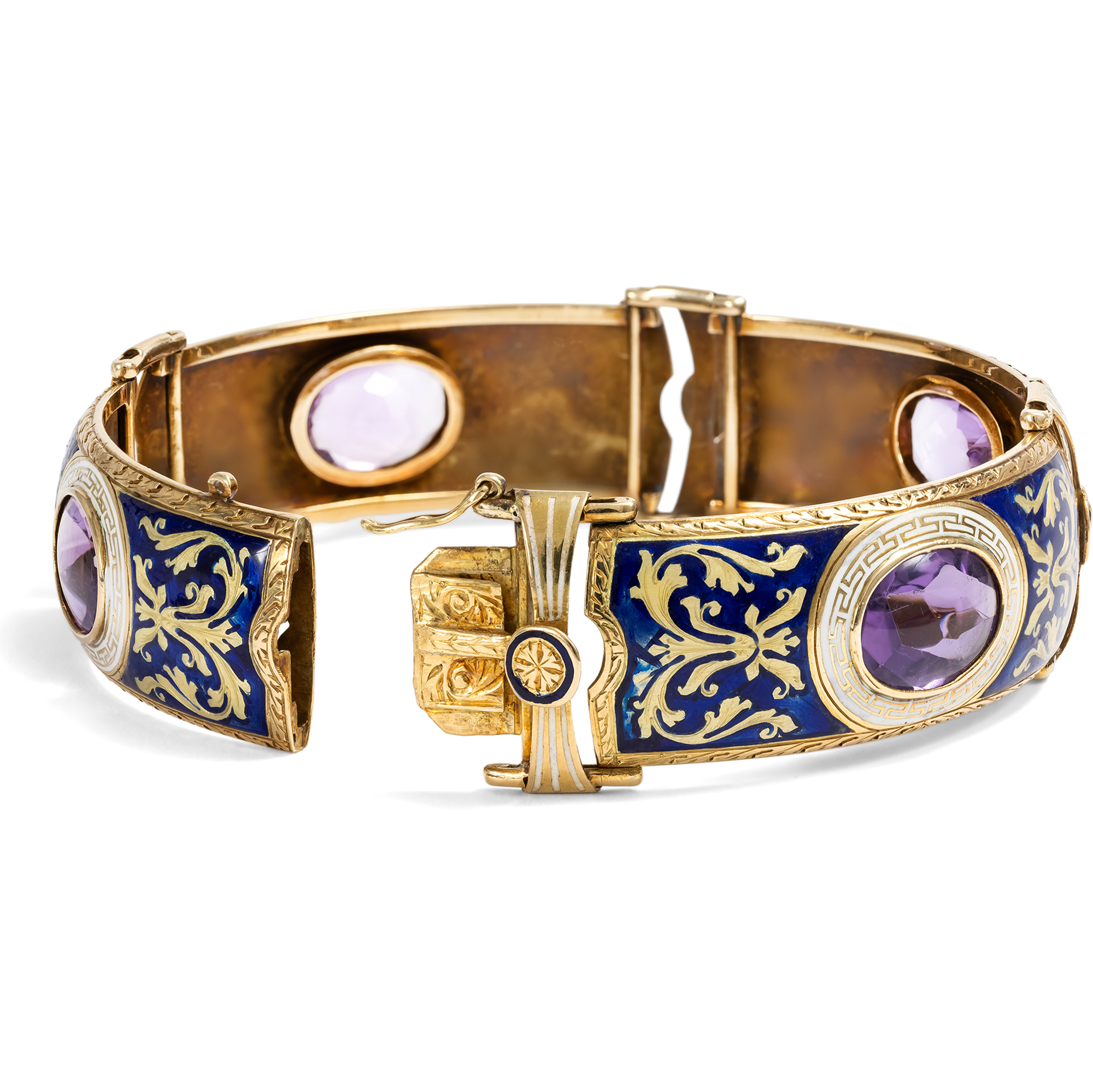 Prachtvolles Armband mit Amethysten & buntem Email in Gold, um 1930 Prachtvolles Armband mit Amethysten & buntem Email in Gold, um 1930