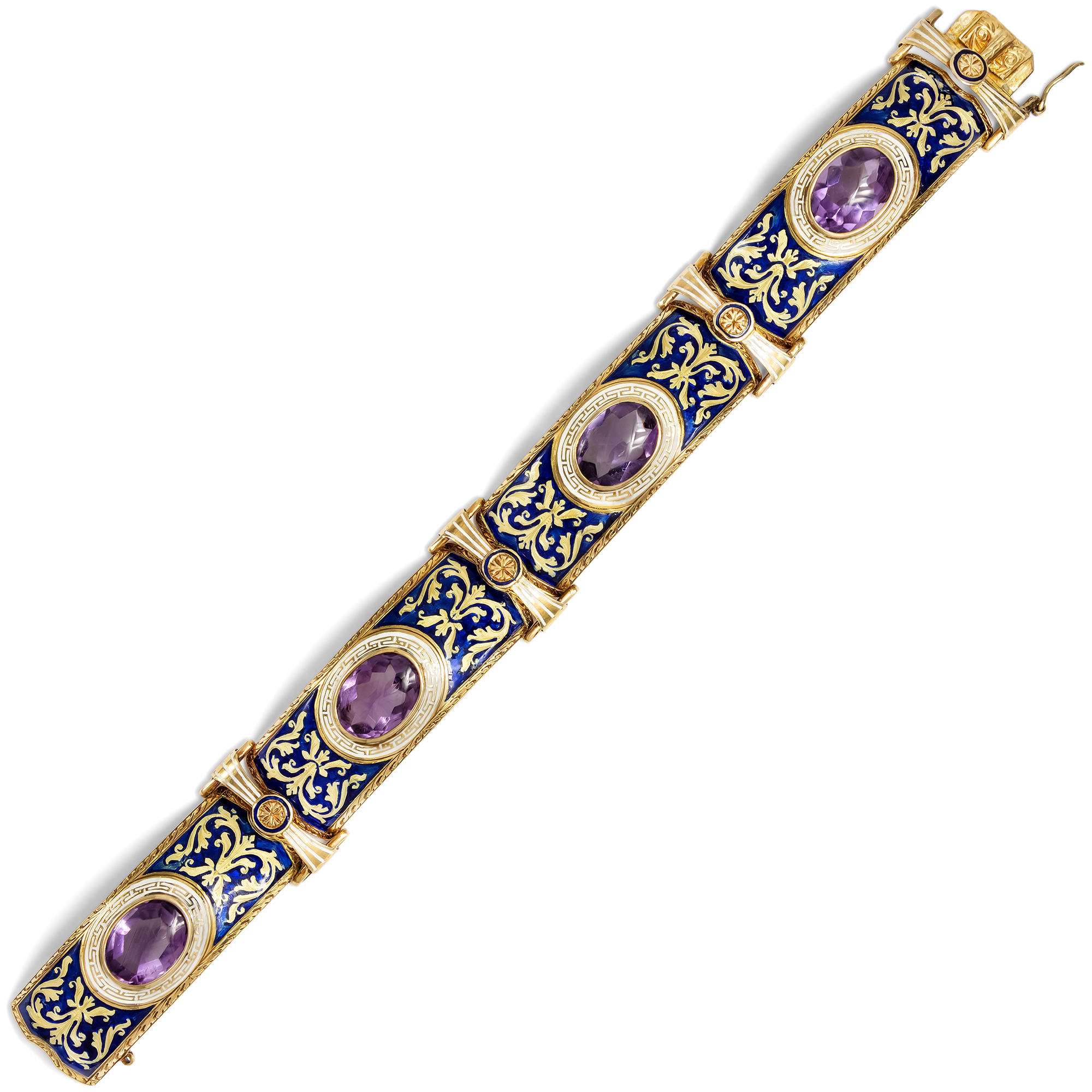 Prachtvolles Armband mit Amethysten & buntem Email in Gold, um 1930 Prachtvolles Armband mit Amethysten & buntem Email in Gold, um 1930
