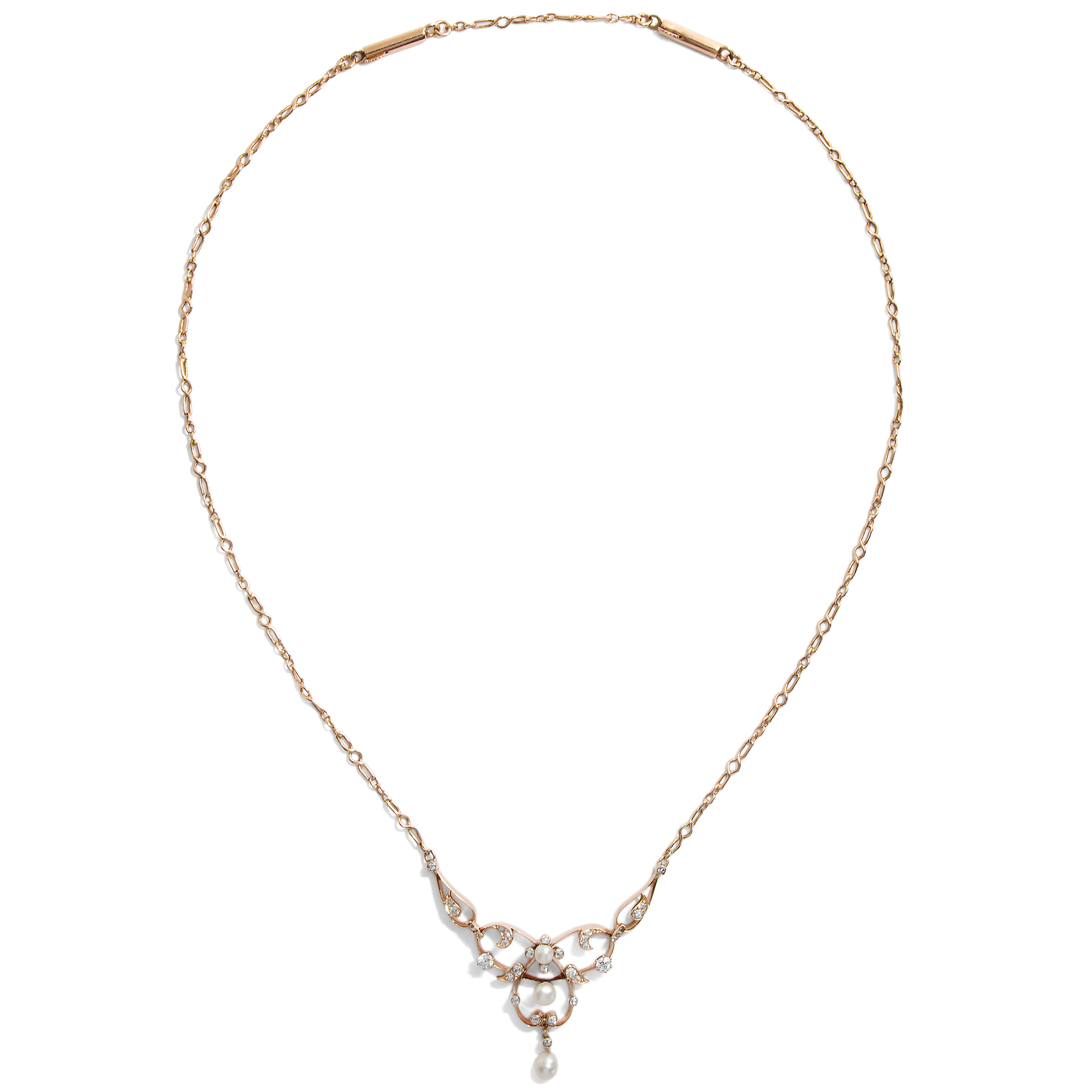 Antikes Collier mit Naturperlen & Diamanten in Rotgold, Deutschland um 1900 Antikes Collier mit Naturperlen & Diamanten in Rotgold, Deutschland um 1900