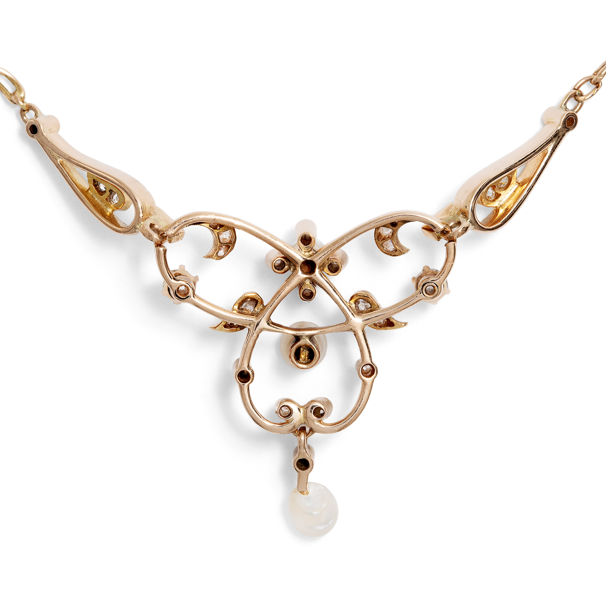 Antikes Collier mit Naturperlen & Diamanten in Rotgold, Deutschland um 1900 Antikes Collier mit Naturperlen & Diamanten in Rotgold, Deutschland um 1900