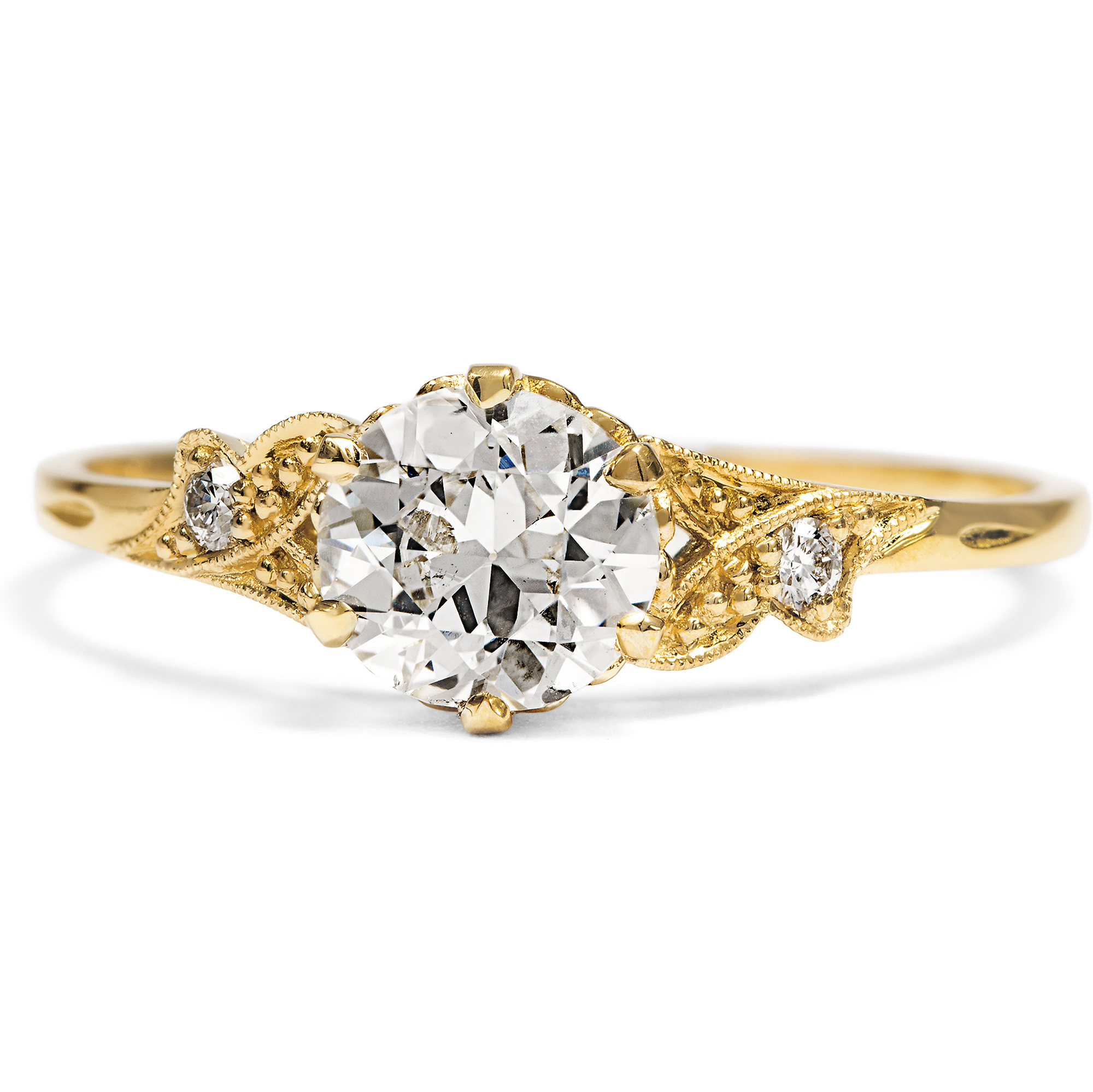 Zarter Ring mit 0,75 ct „Old European Cut“ in Gelbgold, aus unserer Werkstatt Zarter Ring mit 0,75 ct „Old European Cut“ in Gelbgold, aus unserer Werkstatt