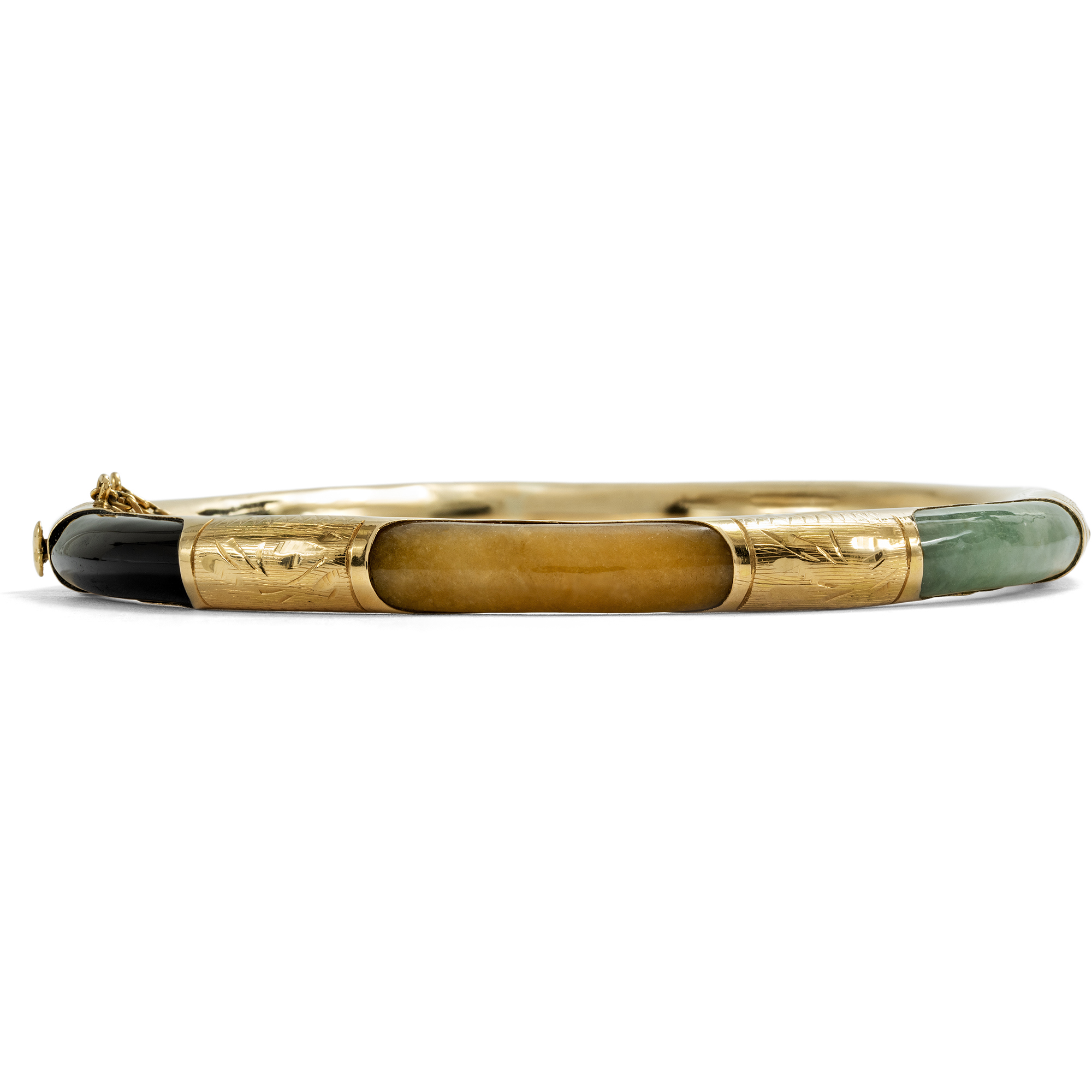 Schöner vintage Armreif mit verschiedenfarbiger Jade in Gold, um 1970 Schöner vintage Armreif mit verschiedenfarbiger Jade in Gold, um 1970