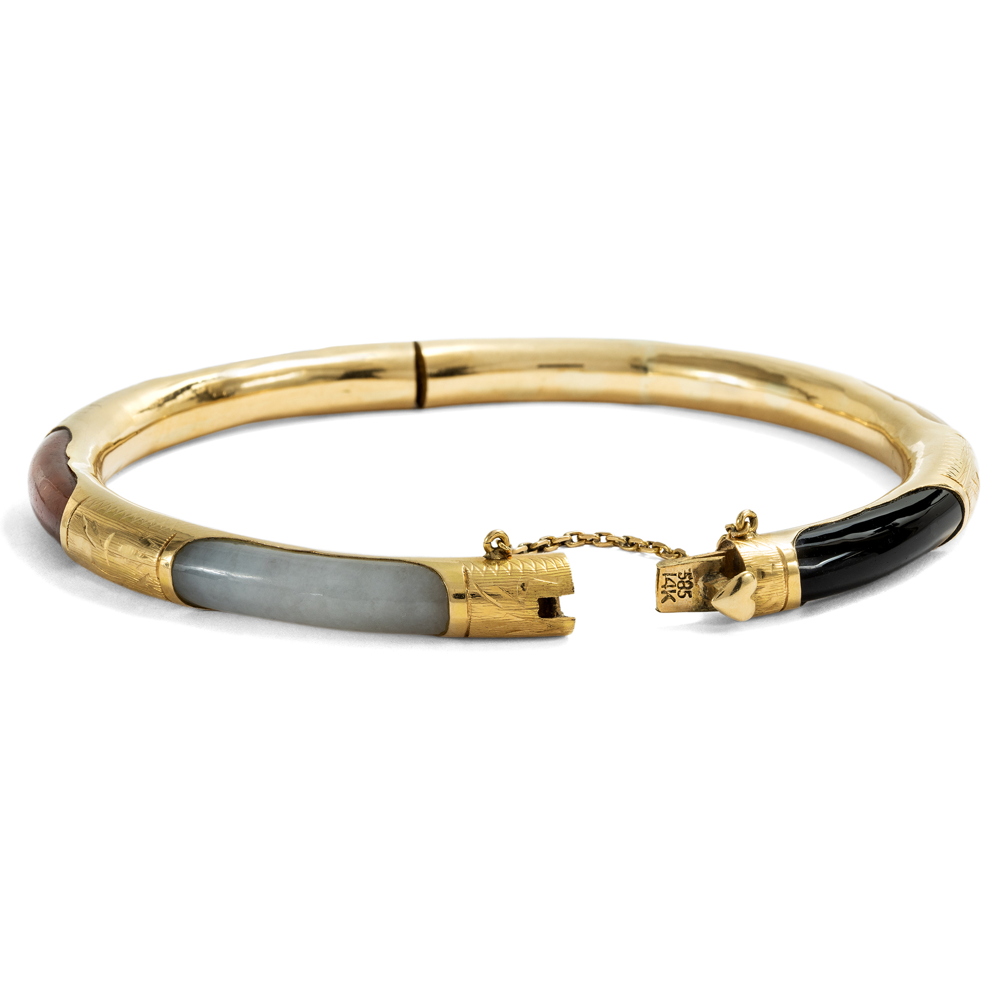 Schöner vintage Armreif mit verschiedenfarbiger Jade in Gold, um 1970 Schöner vintage Armreif mit verschiedenfarbiger Jade in Gold, um 1970