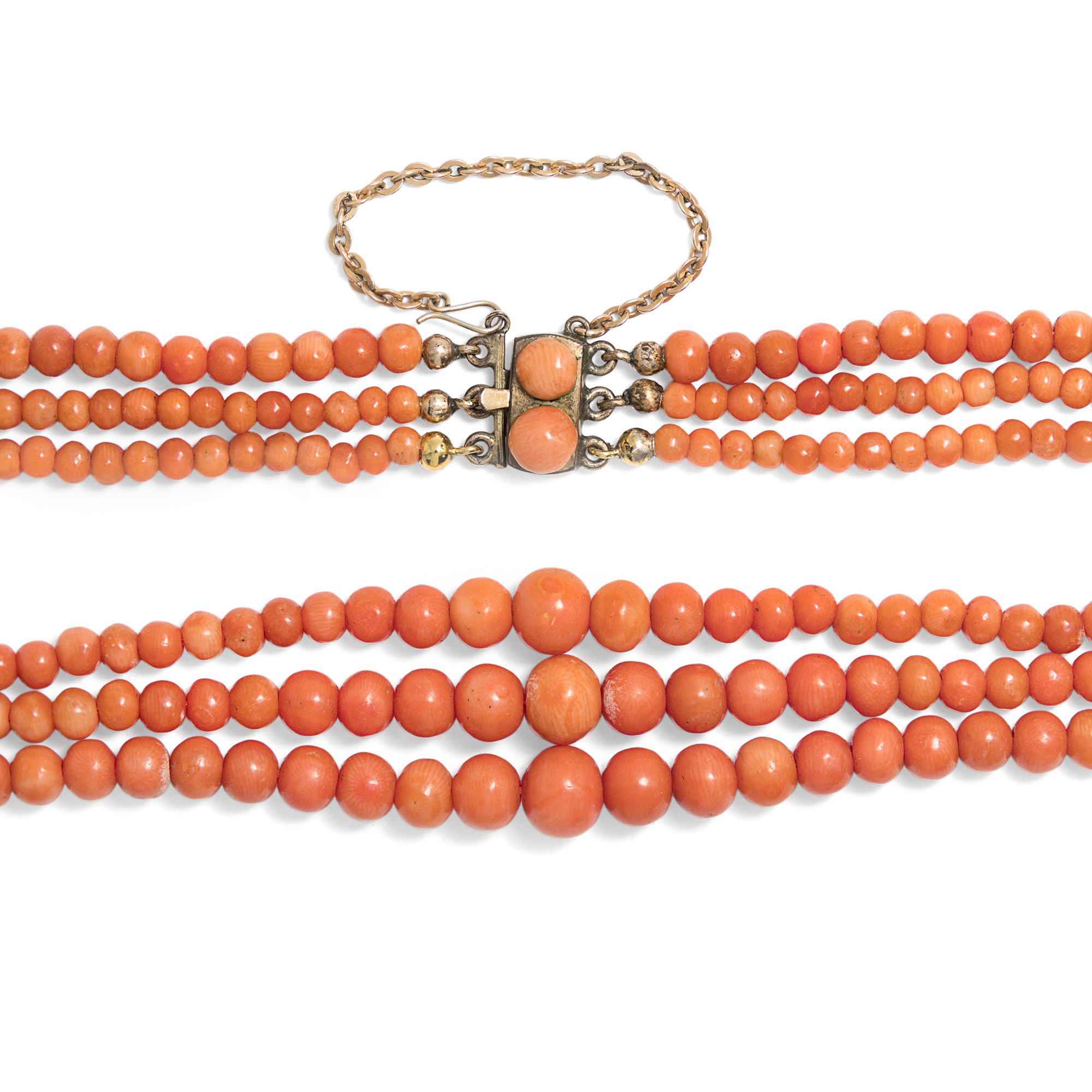 Antique Necklace Made of Three Rows of "Corallo Sciacca", Italy, c. 1900 Antique Necklace Made of Three Rows of "Corallo Sciacca", Italy, c. 1900