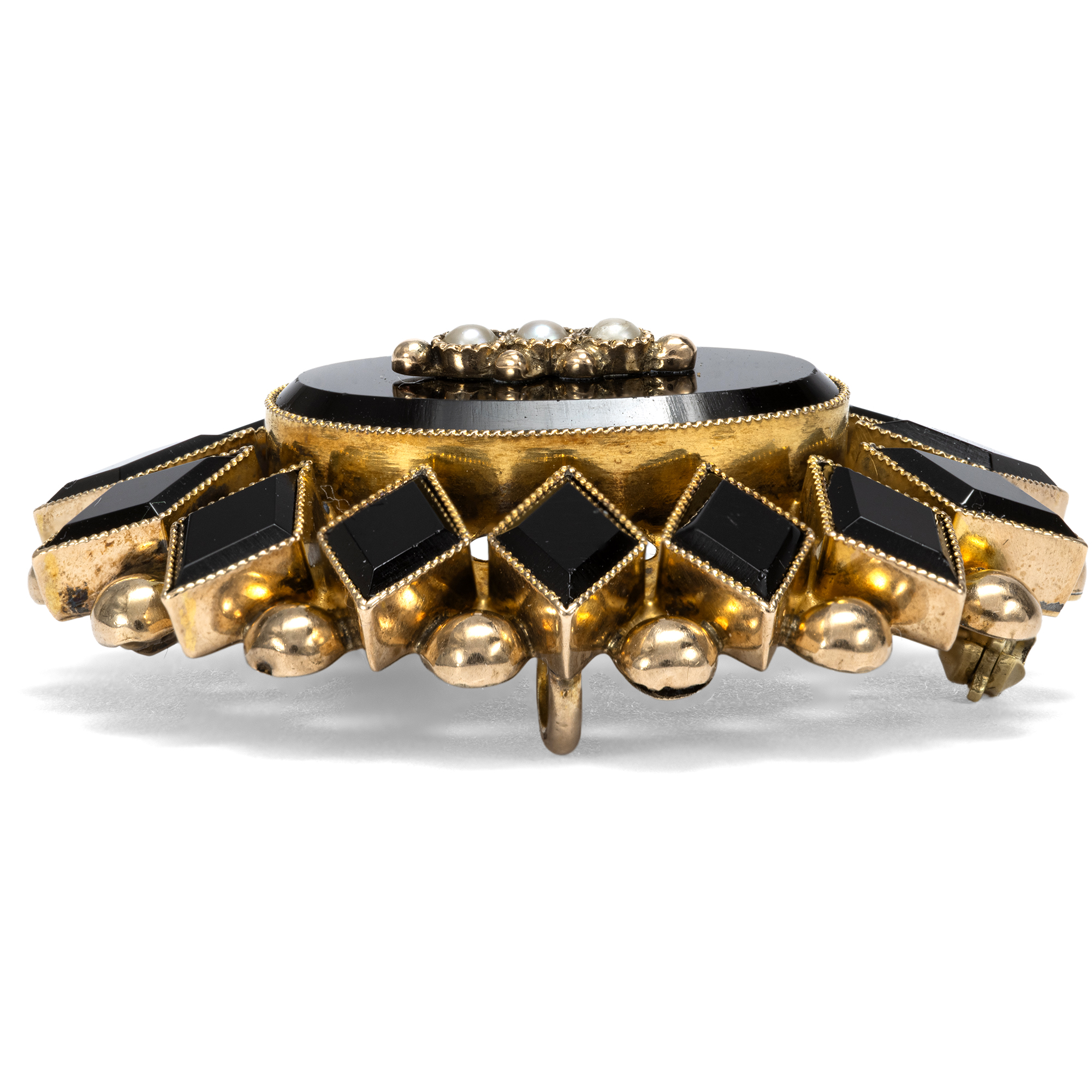 Antike Trauerbrosche aus Gold mit Onyx und Perlen, um 1890 Antike Trauerbrosche aus Gold mit Onyx und Perlen, um 1890