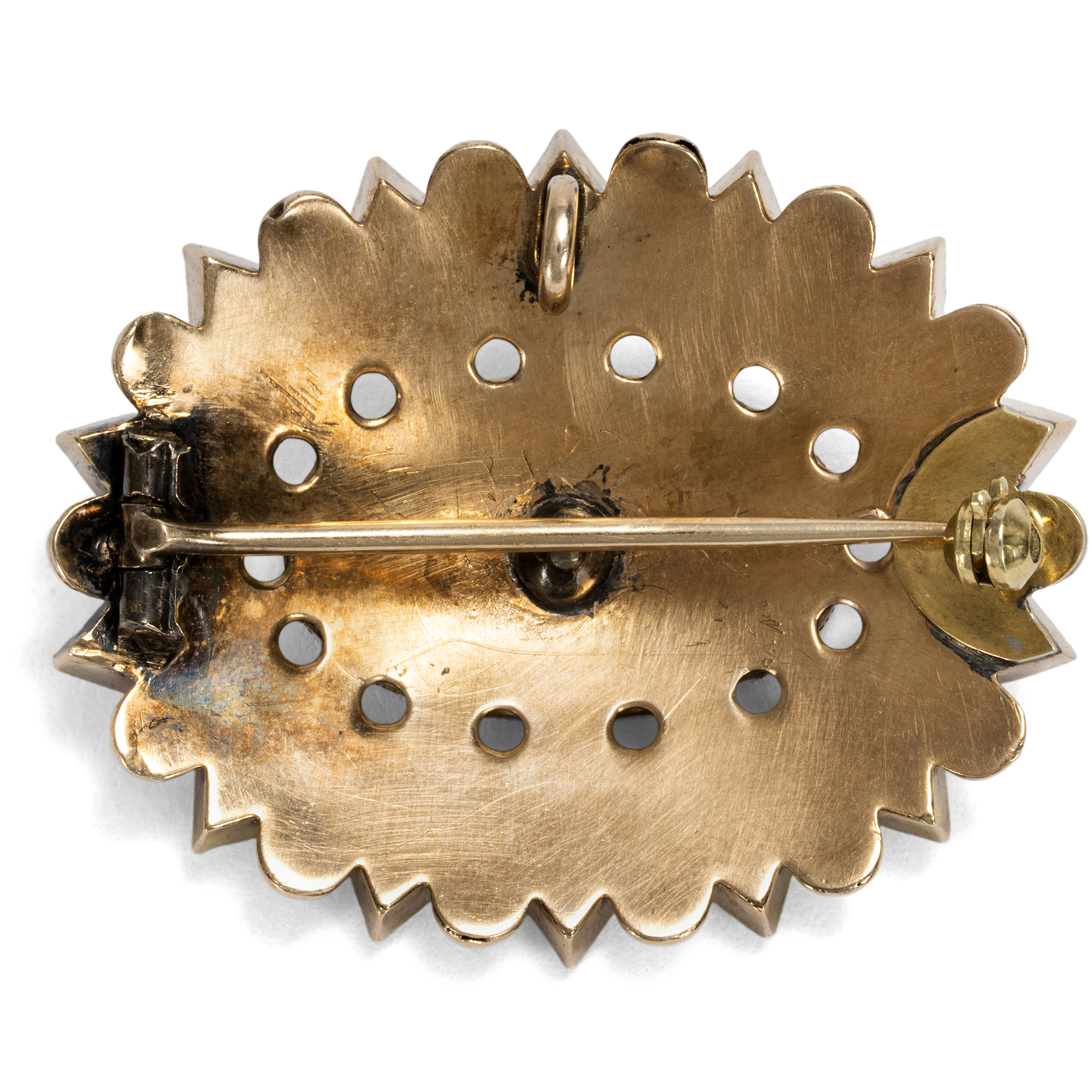Antike Trauerbrosche aus Gold mit Onyx und Perlen, um 1890 Antike Trauerbrosche aus Gold mit Onyx und Perlen, um 1890