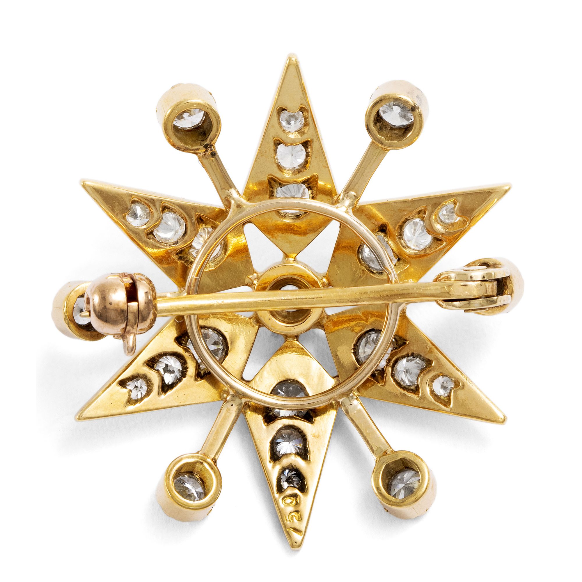 Zarte vintage Brosche in Form eines Sterns mit Diamanten in Gold, um 1990 Zarte vintage Brosche in Form eines Sterns mit Diamanten in Gold, um 1990