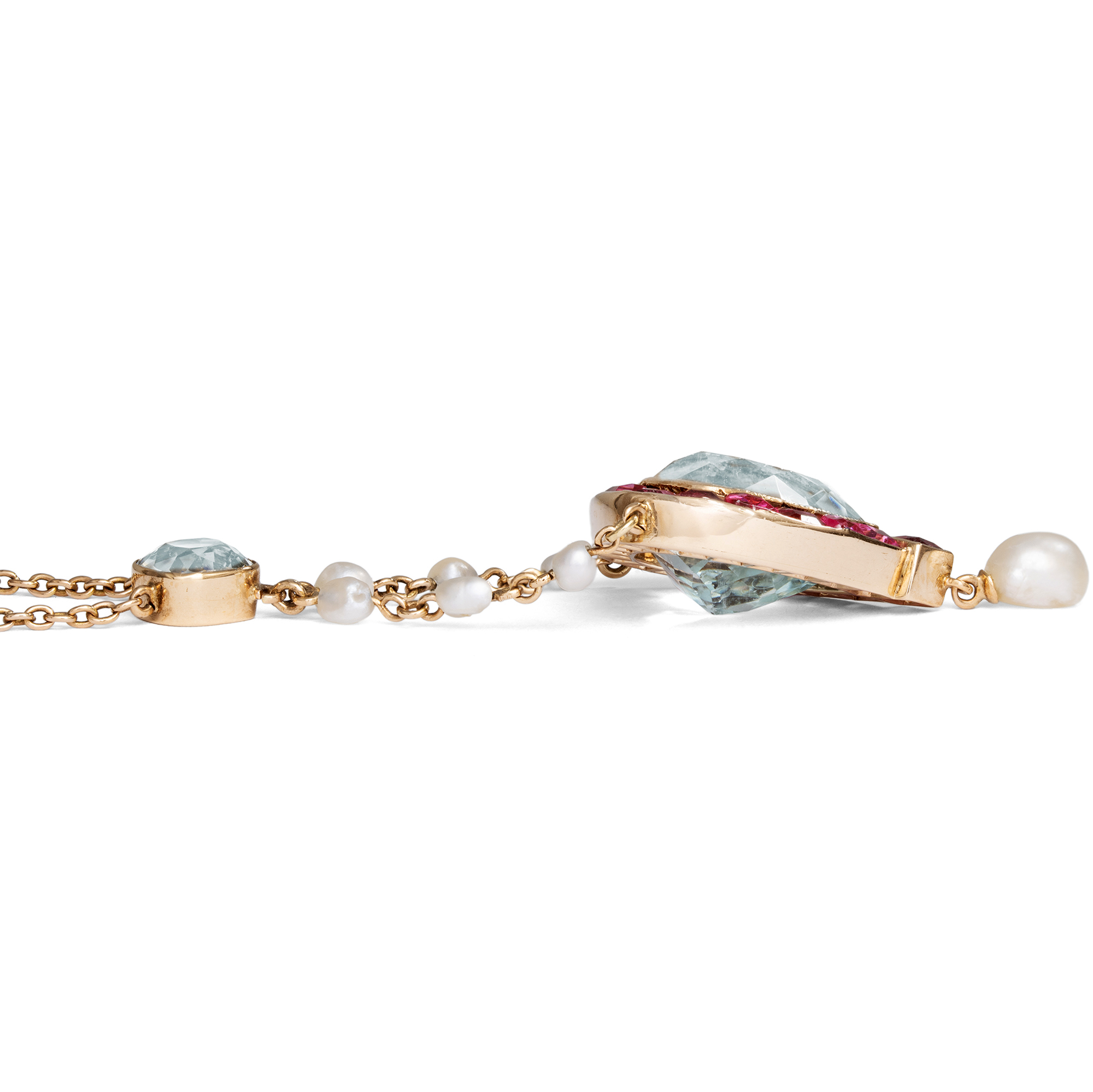 Antikes Collier aus Gold mit Aquamarinen, Naturperlen und Spinellen, um 1900 Antikes Collier aus Gold mit Aquamarinen, Naturperlen und Spinellen, um 1900