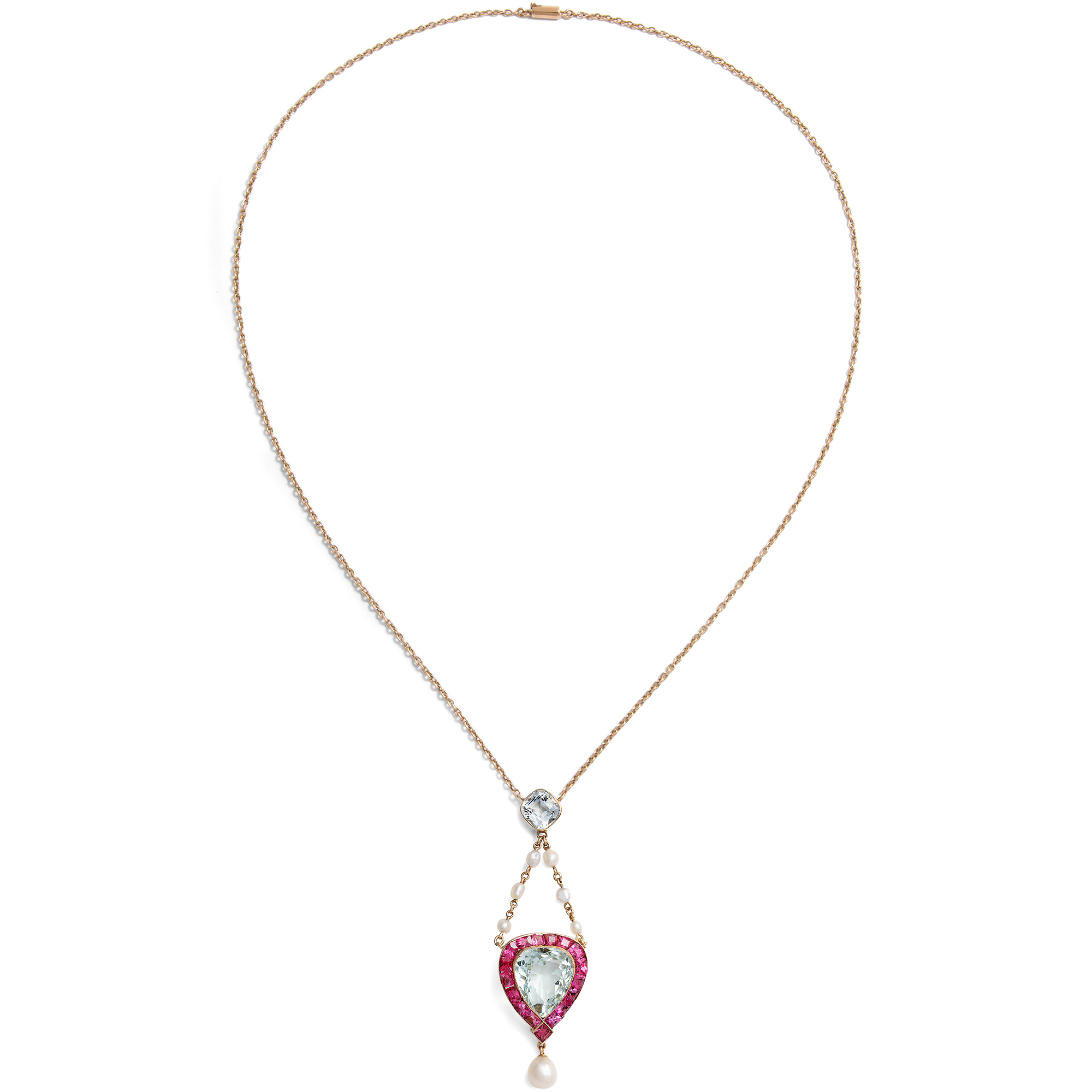Antikes Collier aus Gold mit Aquamarinen, Naturperlen und Spinellen, um 1900 Antikes Collier aus Gold mit Aquamarinen, Naturperlen und Spinellen, um 1900