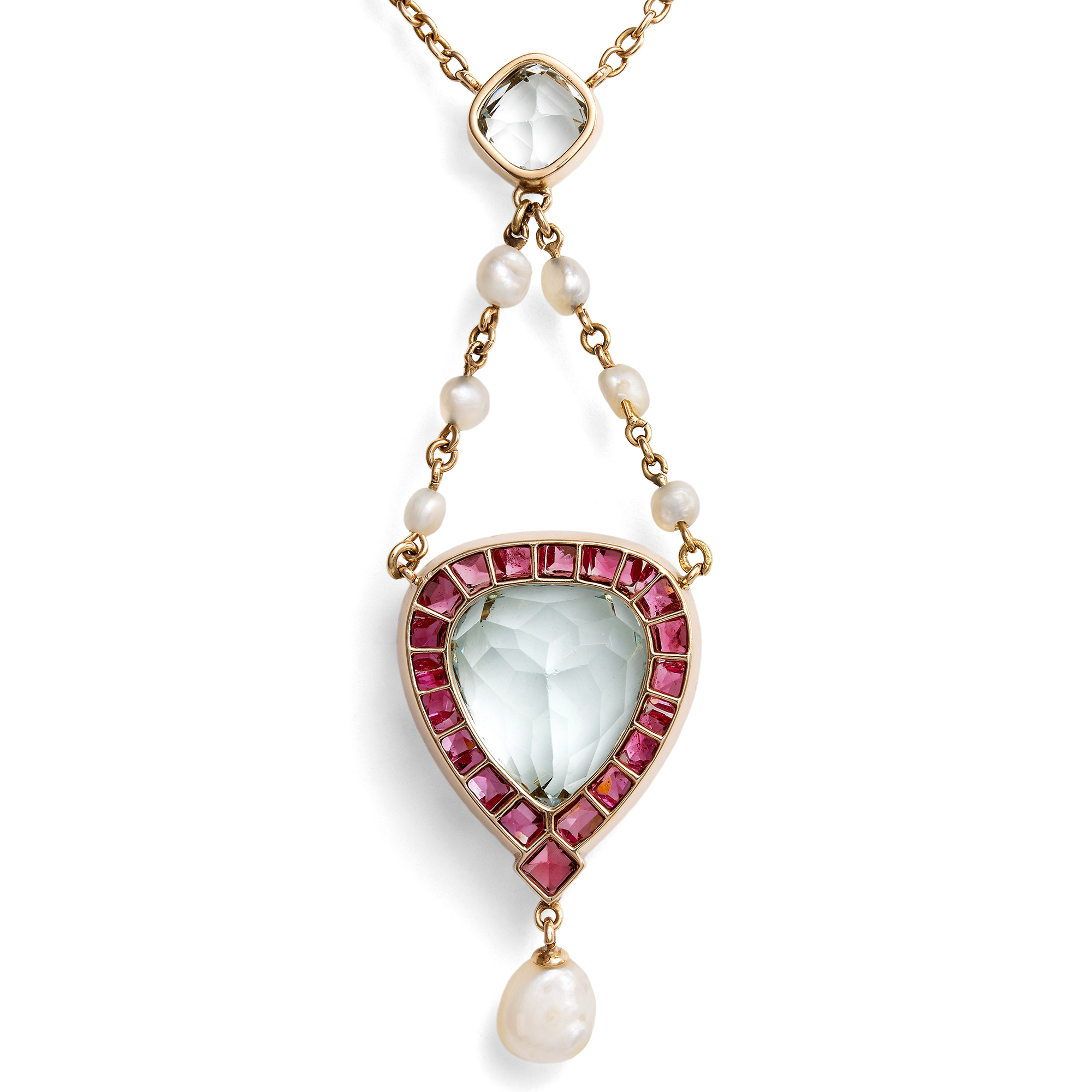 Antikes Collier aus Gold mit Aquamarinen, Naturperlen und Spinellen, um 1900 Antikes Collier aus Gold mit Aquamarinen, Naturperlen und Spinellen, um 1900