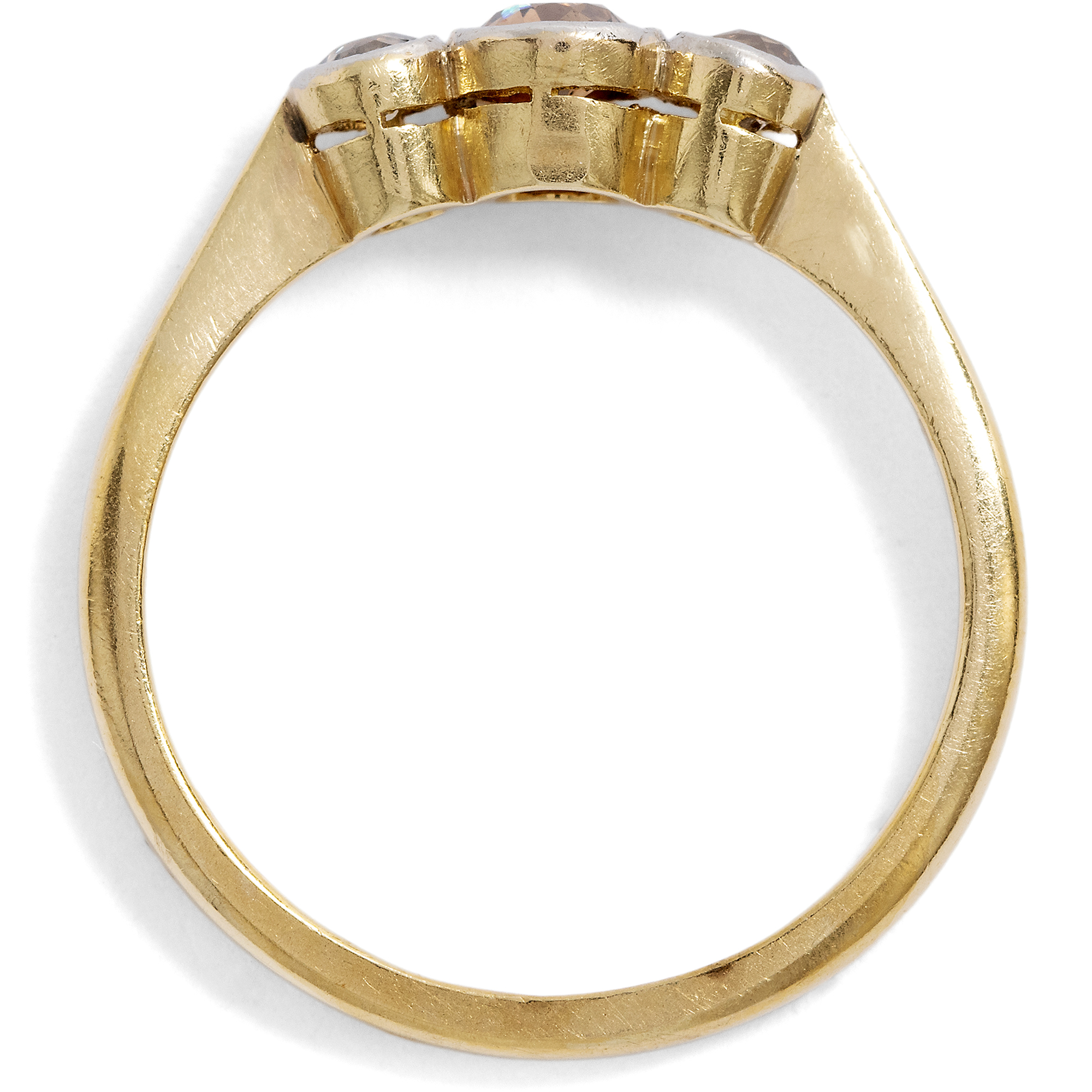 Antiker Trilogie-Ring mit drei Farbdiamanten in Gold & Platin, England um 1910 Antiker Trilogie-Ring mit drei Farbdiamanten in Gold & Platin, England um 1910