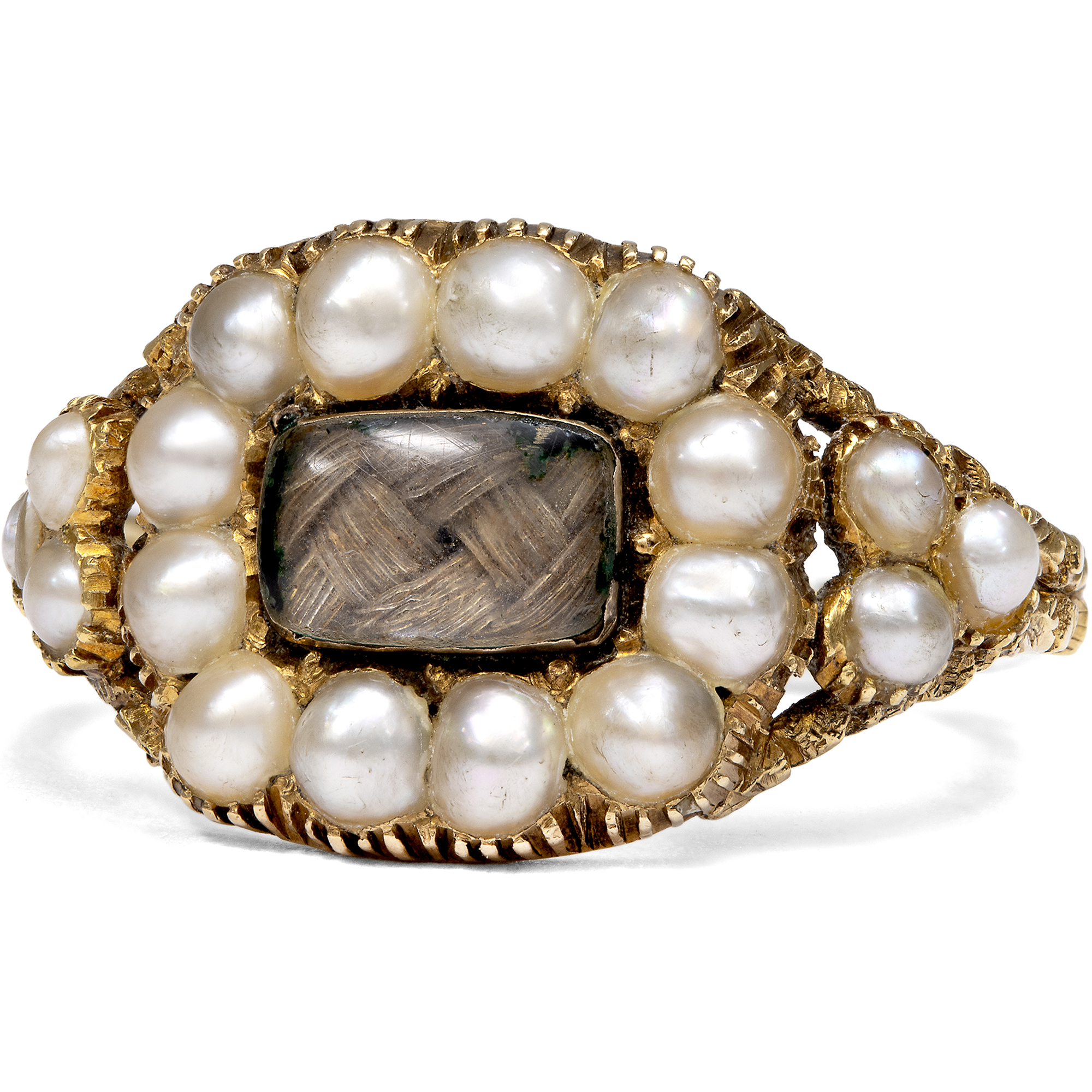 Früh-viktorianischer Trauerring mit Perlen & Haareinlage in Gold, England, datiert 1838 Früh-viktorianischer Trauerring mit Perlen & Haareinlage in Gold, England, datiert 1838
