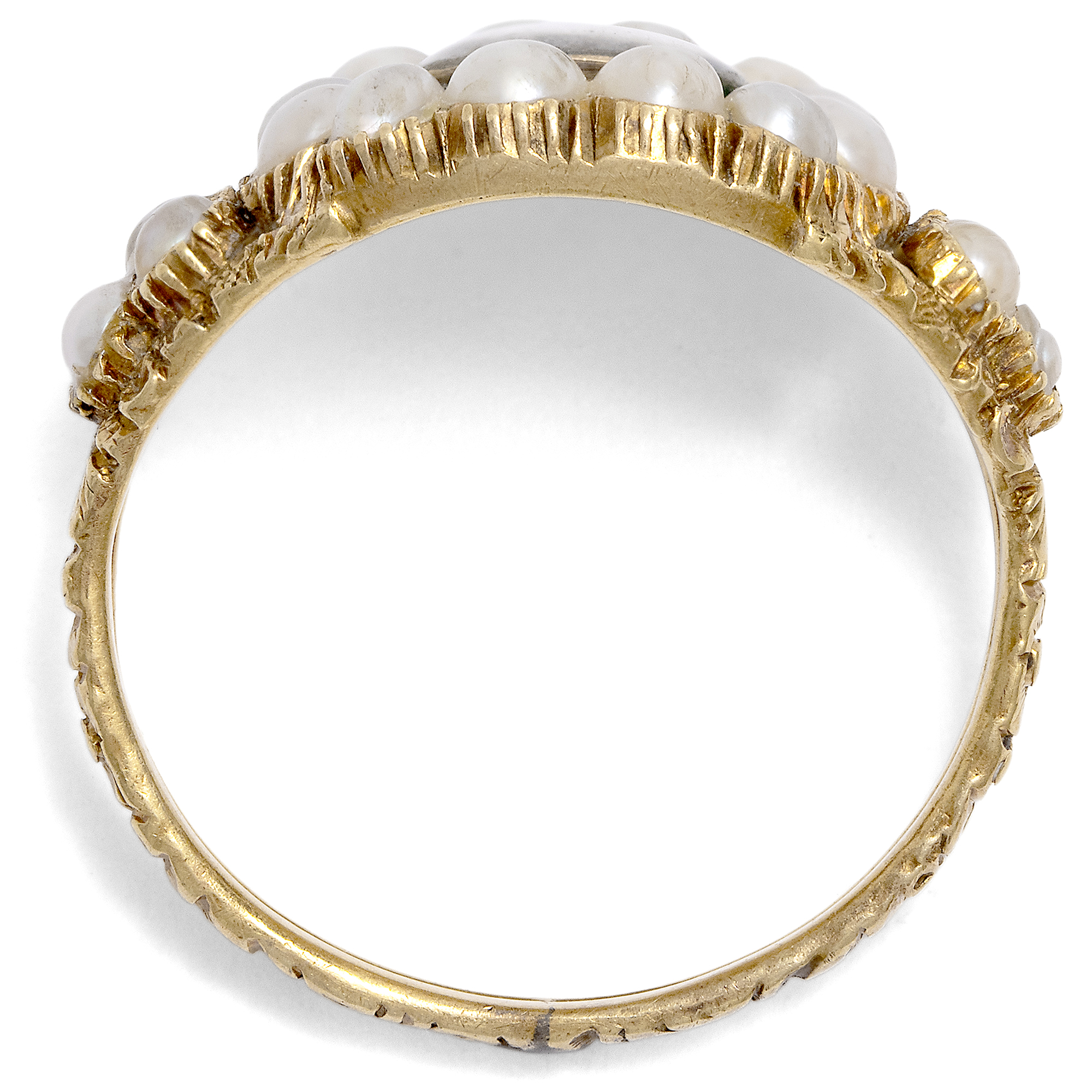 Früh-viktorianischer Trauerring mit Perlen & Haareinlage in Gold, England, datiert 1838 Früh-viktorianischer Trauerring mit Perlen & Haareinlage in Gold, England, datiert 1838