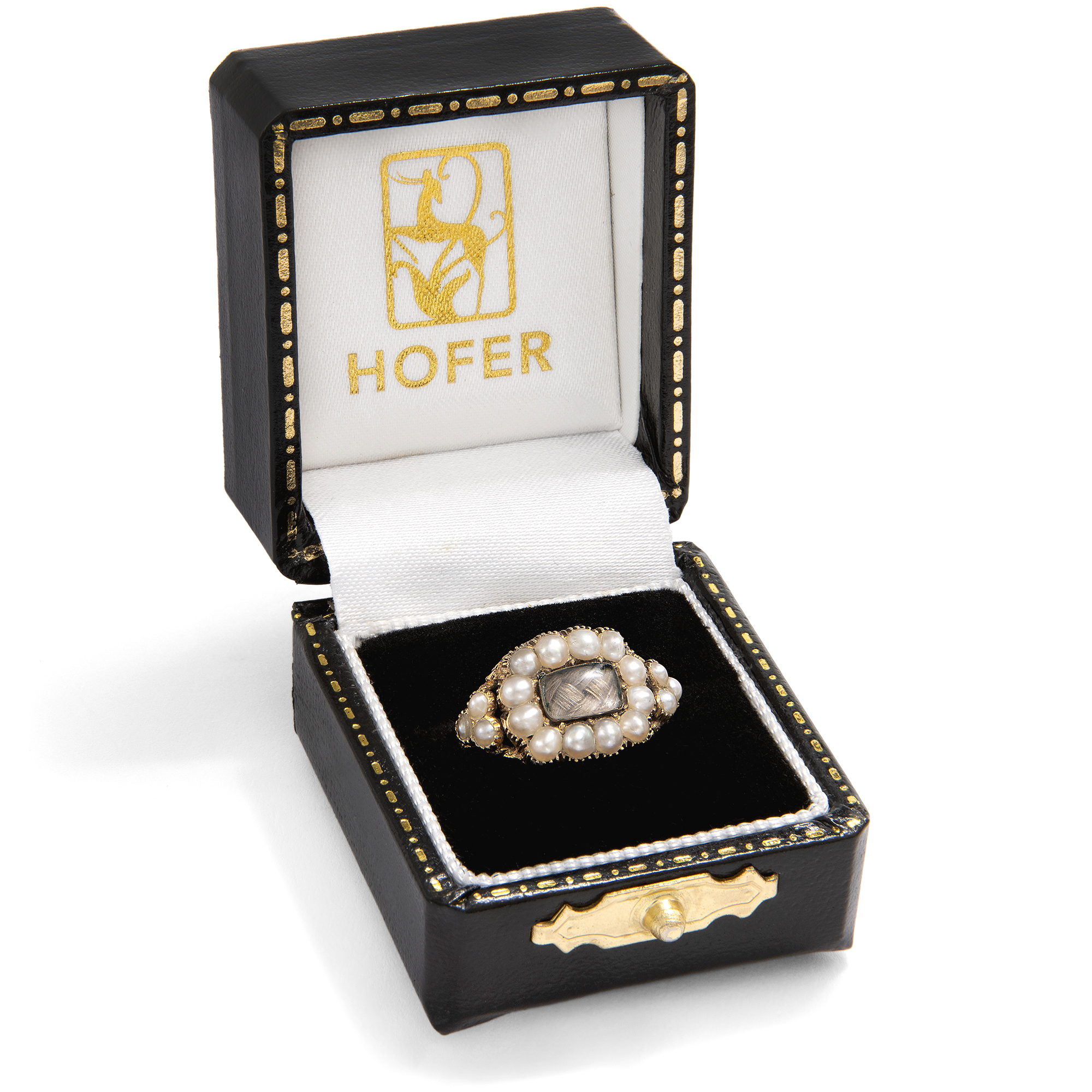 Früh-viktorianischer Trauerring mit Perlen & Haareinlage in Gold, England, datiert 1838 Früh-viktorianischer Trauerring mit Perlen & Haareinlage in Gold, England, datiert 1838