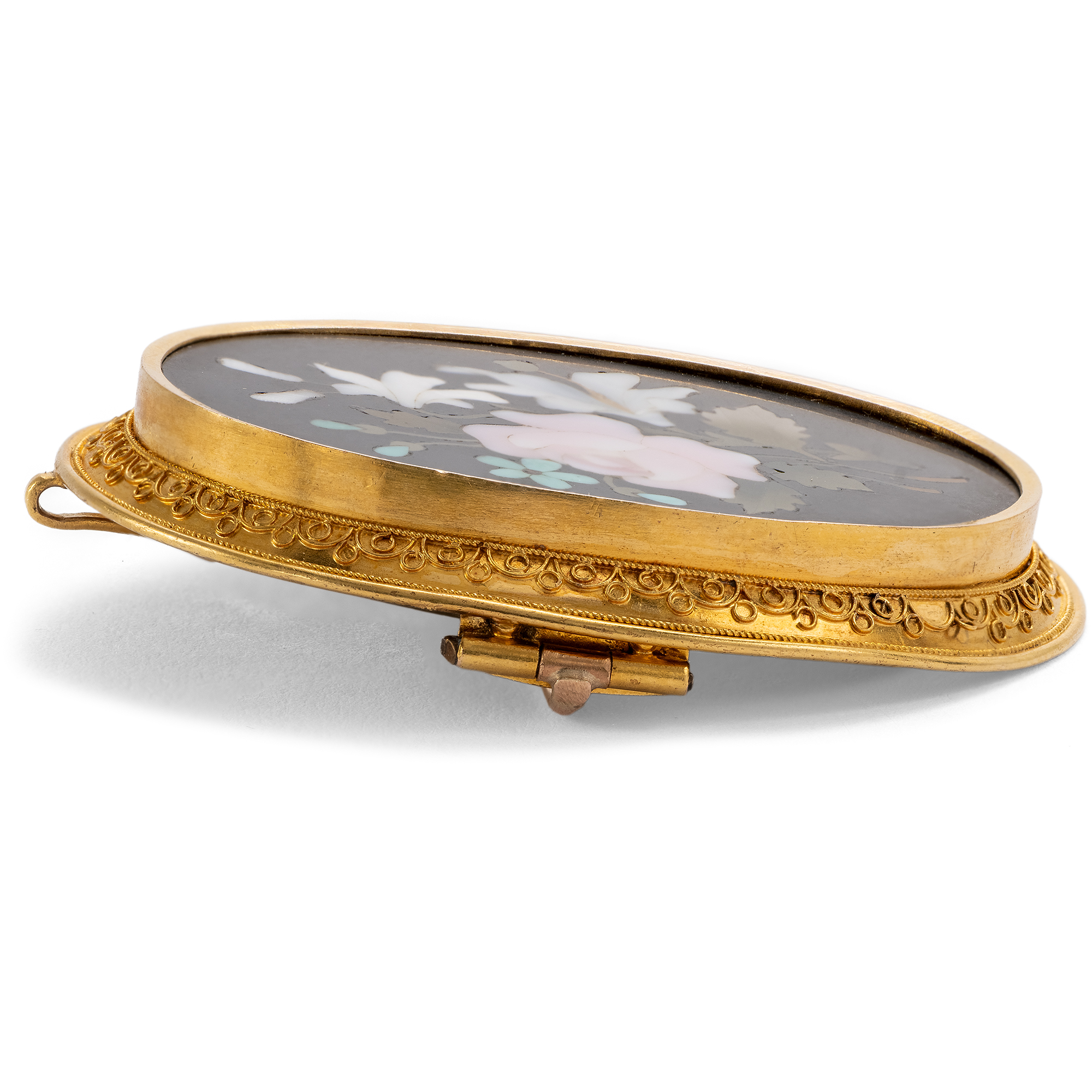 Antike Brosche aus Pietra Dura & Gold als Medaillon, Florenz um 1875 Antike Brosche aus Pietra Dura & Gold als Medaillon, Florenz um 1875