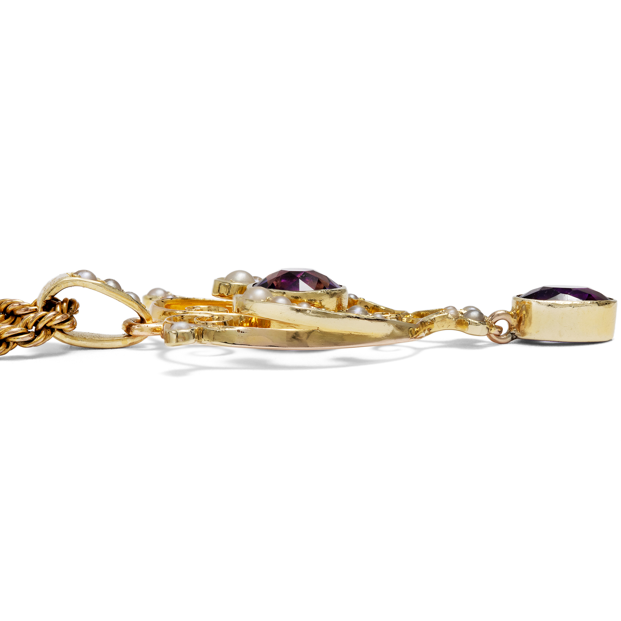 Antiker Anhänger mit Amethysten & Perlen in Gold, Großbritannien um 1910 Antiker Anhänger mit Amethysten & Perlen in Gold, Großbritannien um 1910
