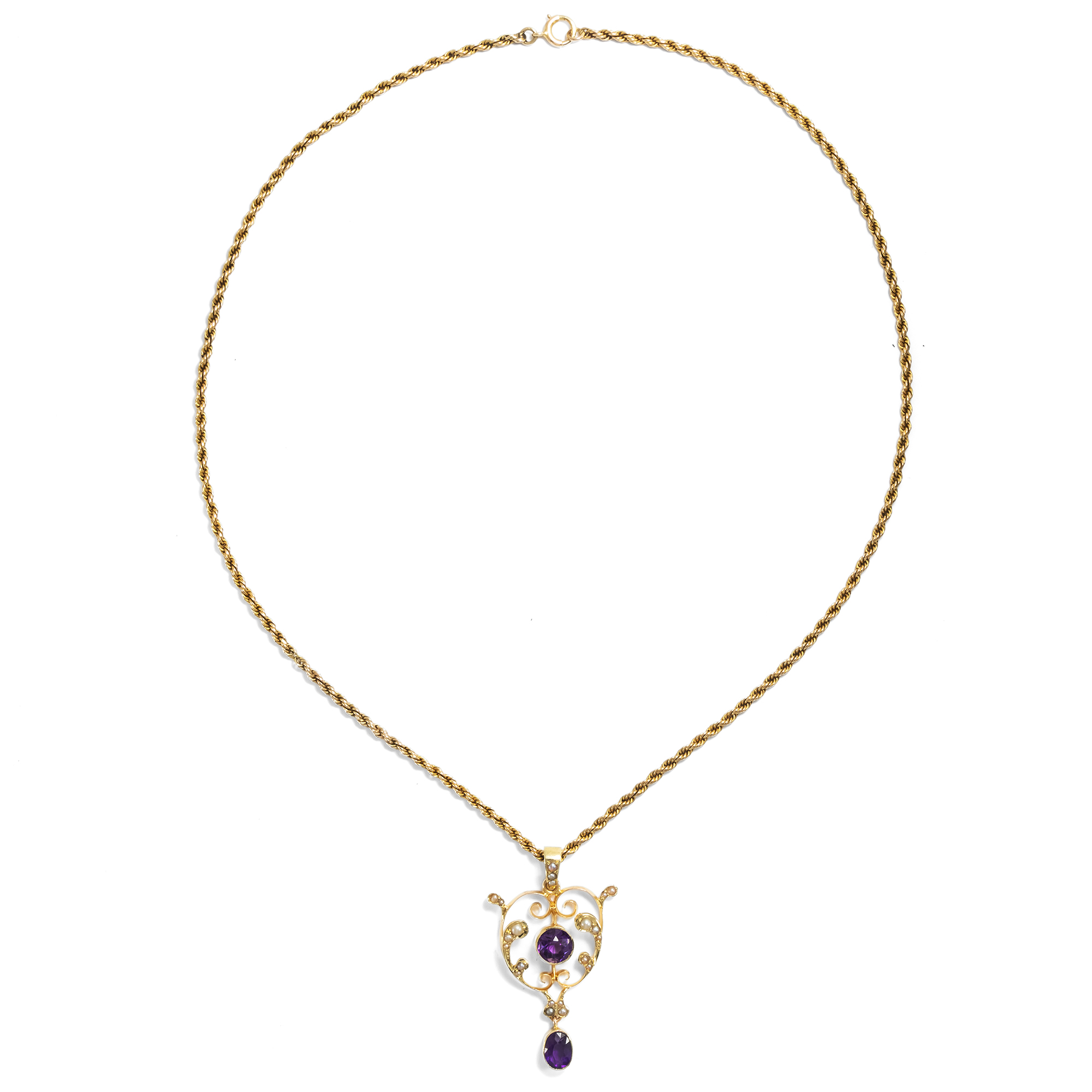 Antiker Anhänger mit Amethysten & Perlen in Gold, Großbritannien um 1910 Antiker Anhänger mit Amethysten & Perlen in Gold, Großbritannien um 1910