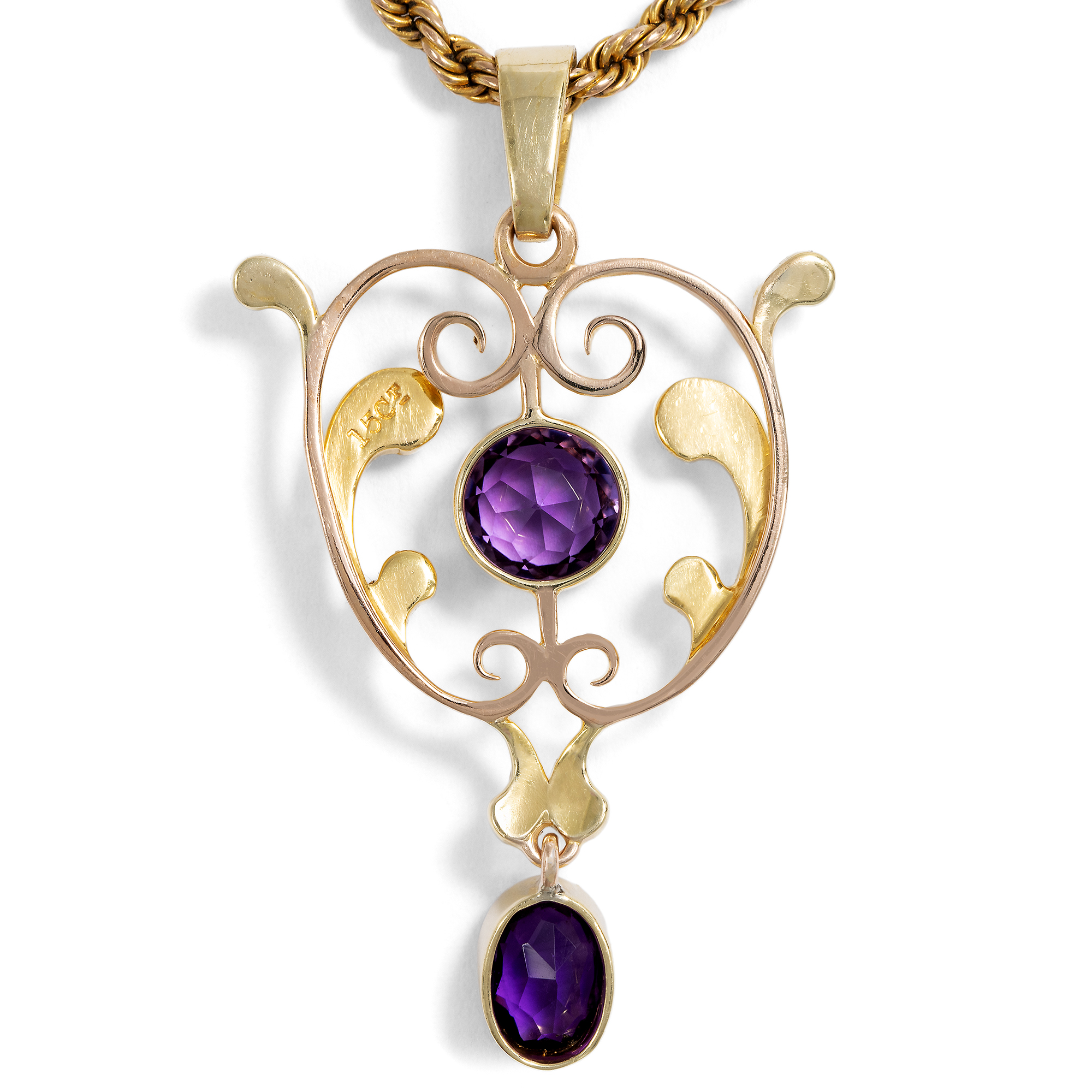 Antiker Anhänger mit Amethysten & Perlen in Gold, Großbritannien um 1910 Antiker Anhänger mit Amethysten & Perlen in Gold, Großbritannien um 1910