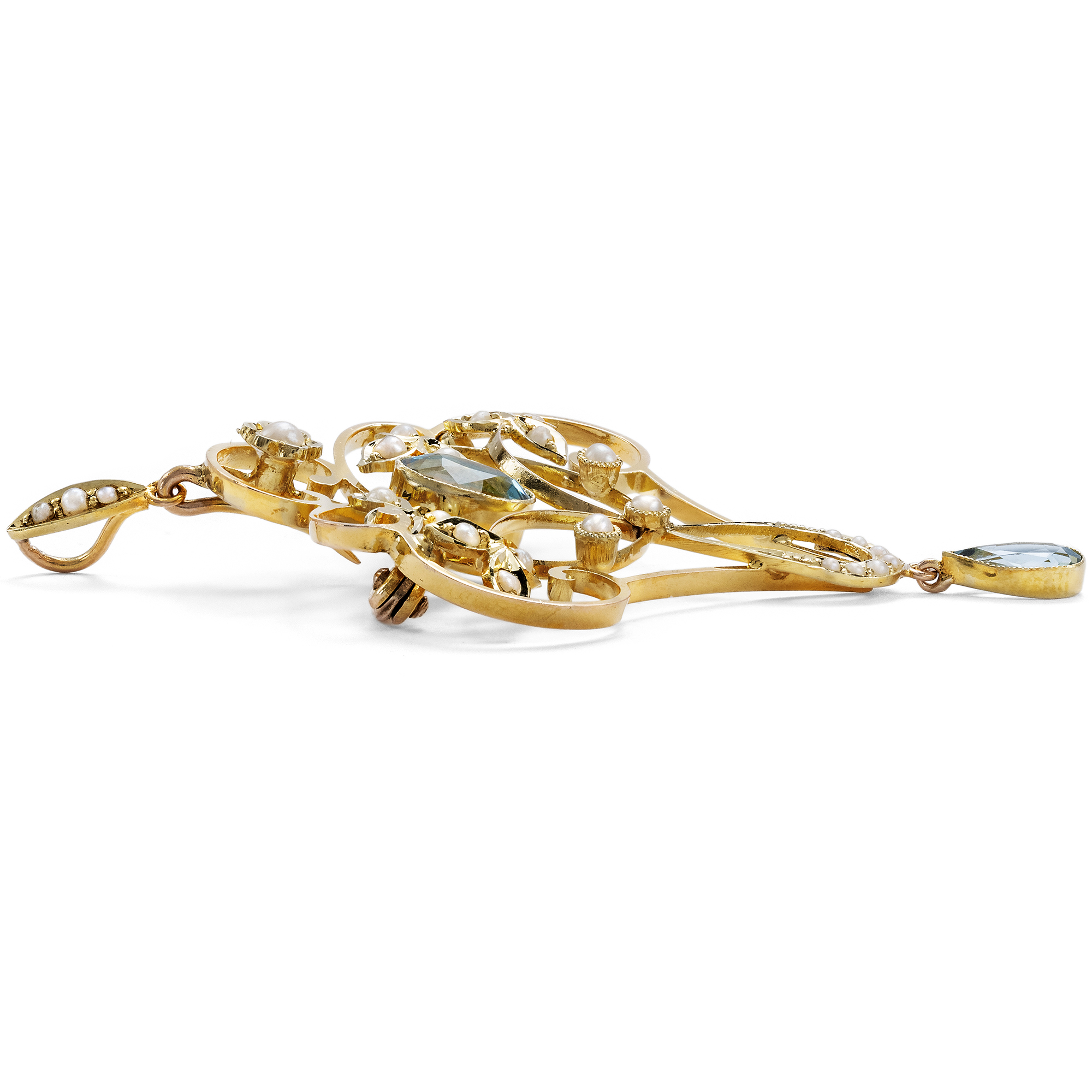 Zarte Anhänger-Brosche mit Aquamarinen & Saatperlen in Gold, England um 1905 Zarte Anhänger-Brosche mit Aquamarinen & Saatperlen in Gold, England um 1905