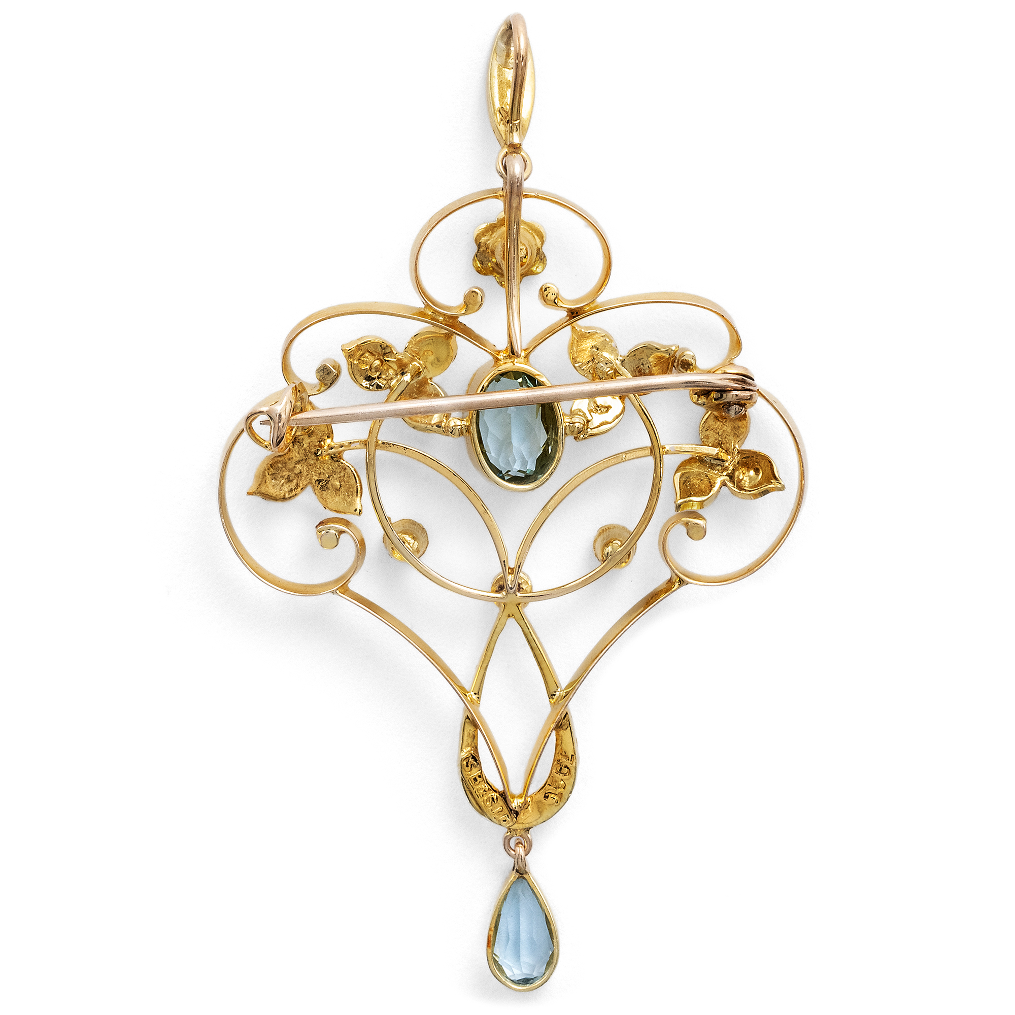 Zarte Anhänger-Brosche mit Aquamarinen & Saatperlen in Gold, England um 1905 Zarte Anhänger-Brosche mit Aquamarinen & Saatperlen in Gold, England um 1905
