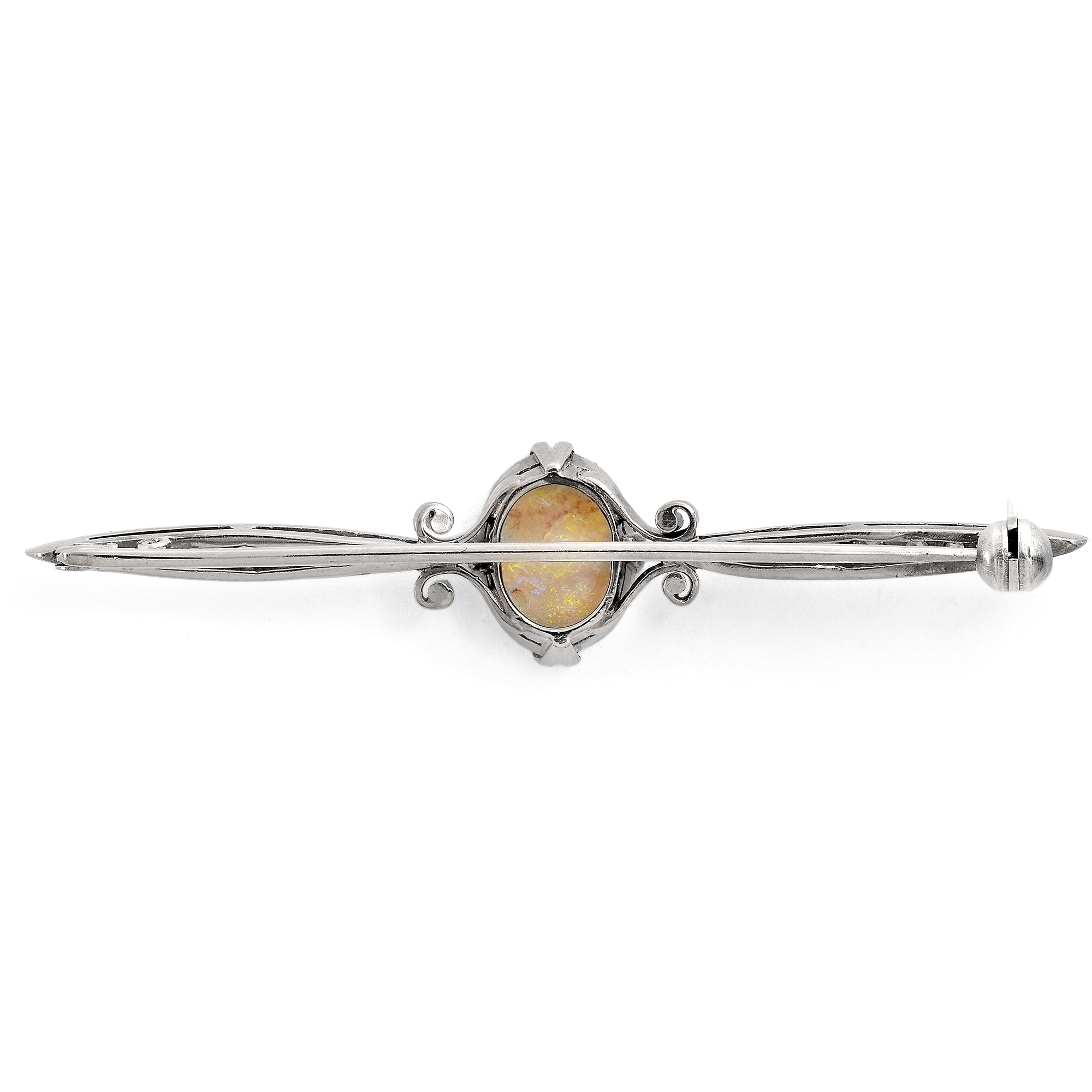 Elegant Bar Brooch with Opal and Diamonds in Platinum, England, circa 1925 Elegant Bar Brooch with Opal and Diamonds in Platinum, England, circa 1925