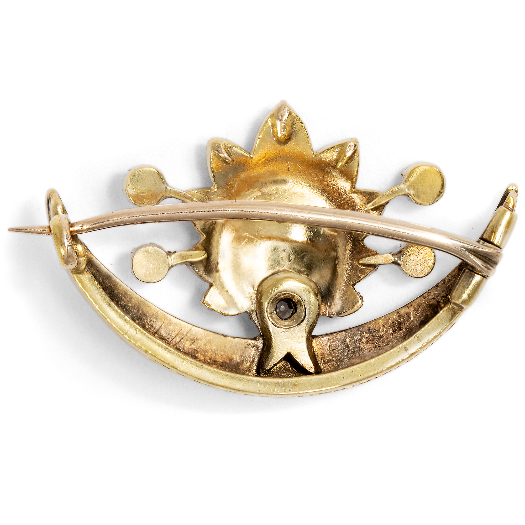 Romantische „Honeymoon“-Brosche mit Naturperlen & Diamant in Gold, um 1900 Romantische „Honeymoon“-Brosche mit Naturperlen & Diamant in Gold, um 1900