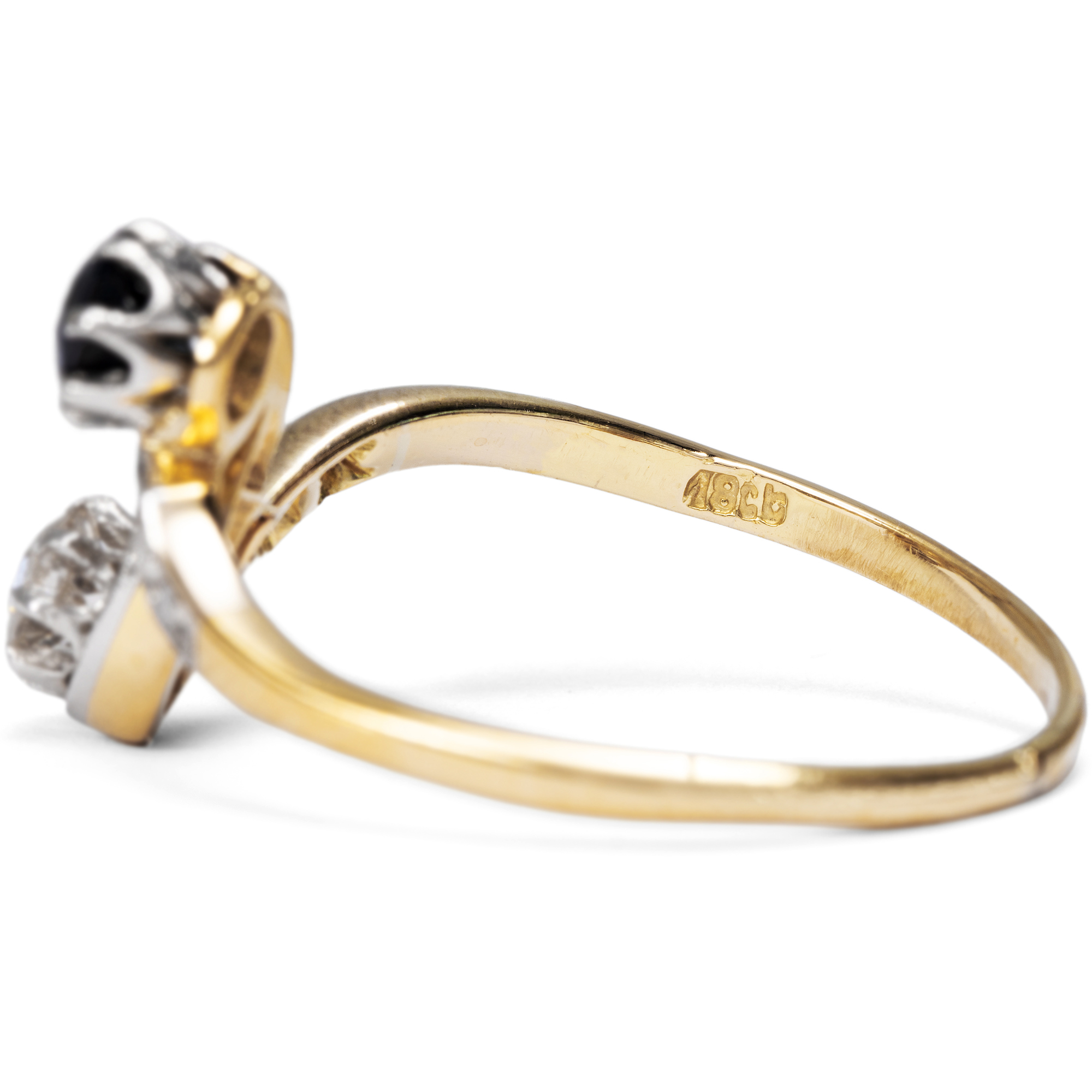 Schwungvoller Toi-et-moi-Ring mit Saphir & Diamanten in Gold & Platin, um 1910 Schwungvoller Toi-et-moi-Ring mit Saphir & Diamanten in Gold & Platin, um 1910