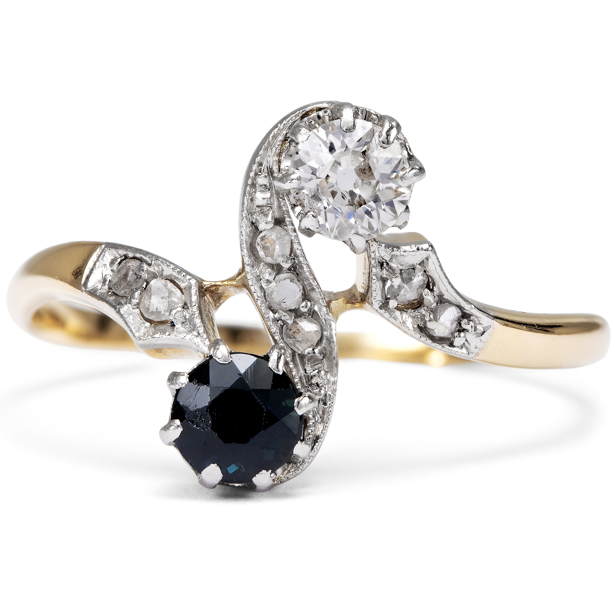 Schwungvoller Toi-et-moi-Ring mit Saphir & Diamanten in Gold & Platin, um 1910 Schwungvoller Toi-et-moi-Ring mit Saphir & Diamanten in Gold & Platin, um 1910