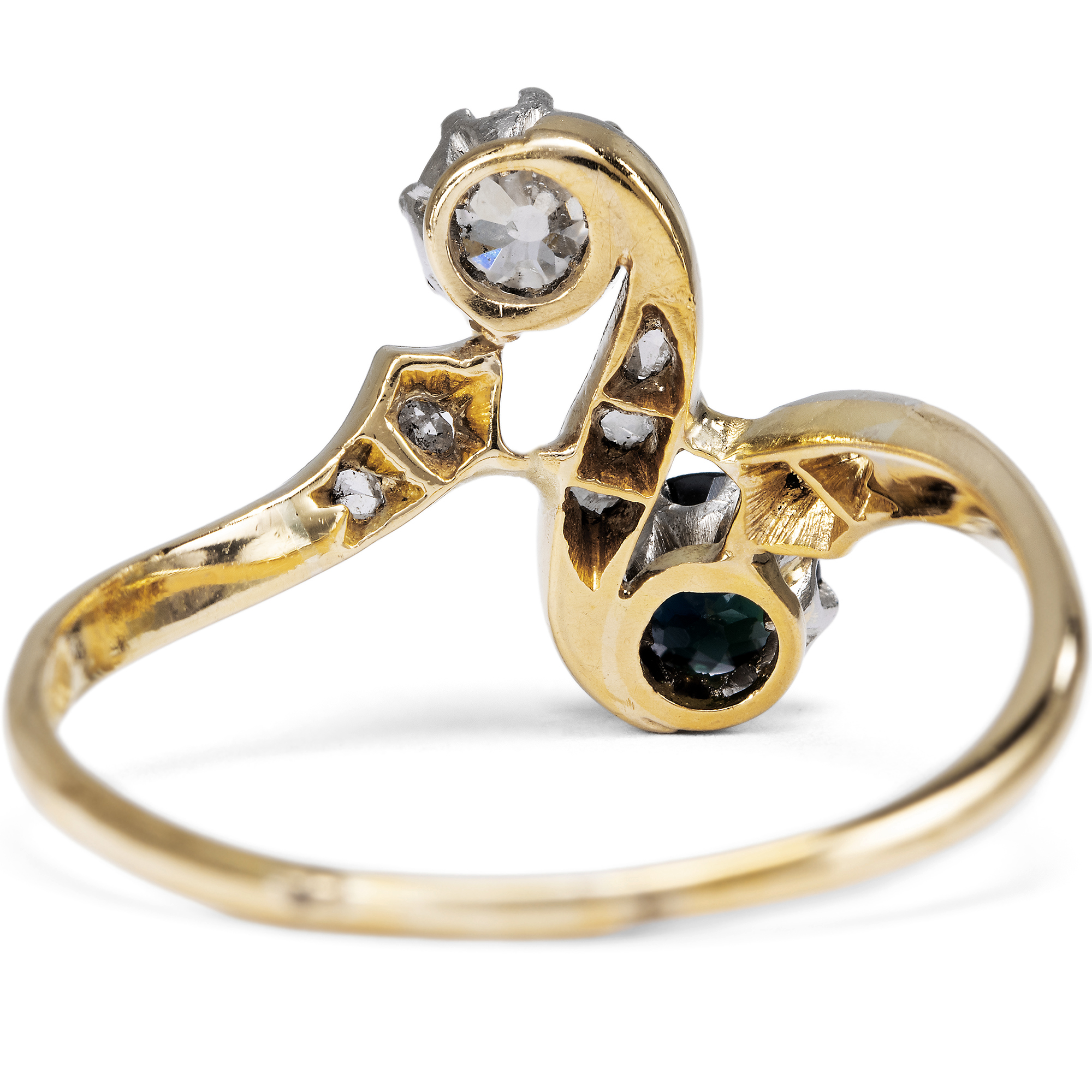 Schwungvoller Toi-et-moi-Ring mit Saphir & Diamanten in Gold & Platin, um 1910 Schwungvoller Toi-et-moi-Ring mit Saphir & Diamanten in Gold & Platin, um 1910