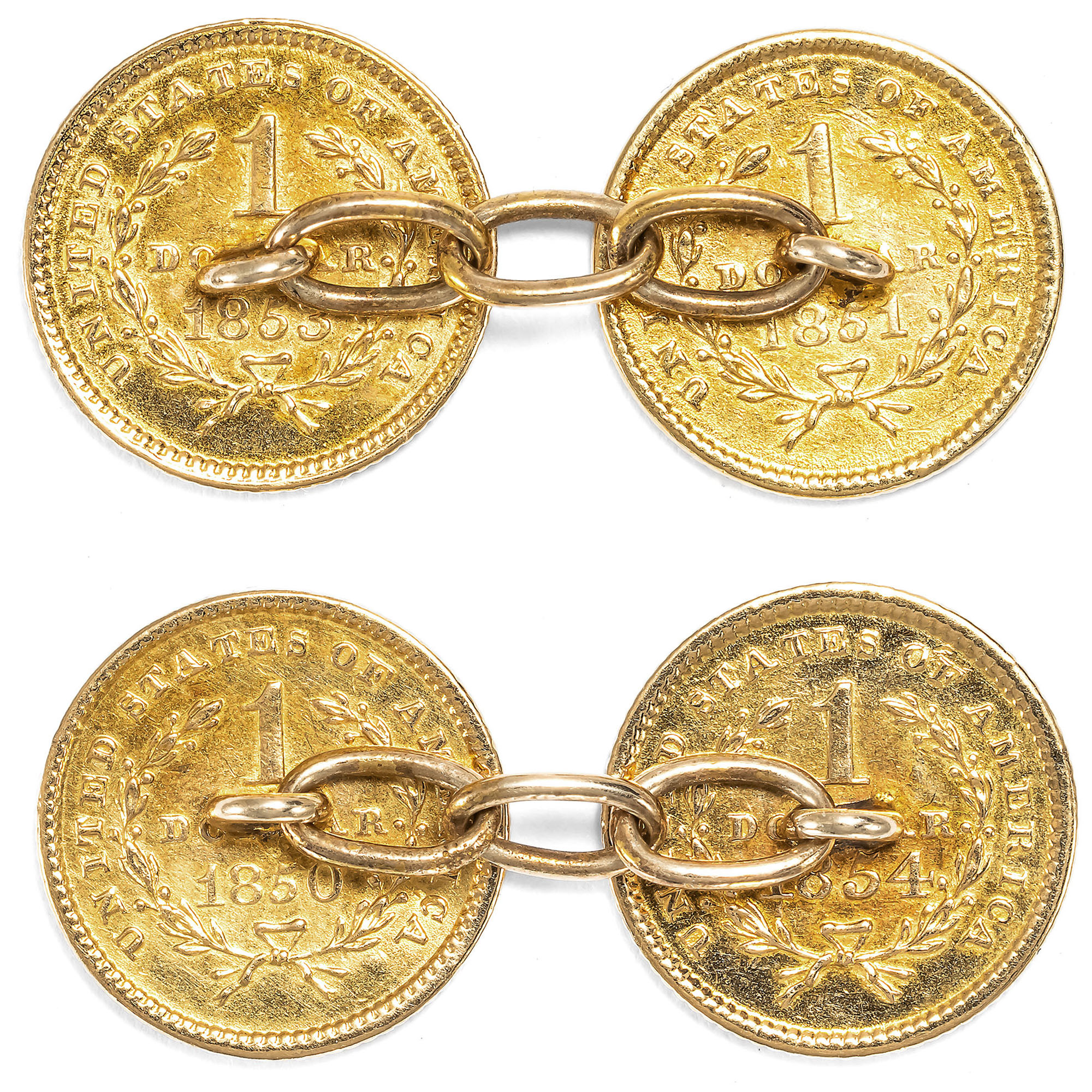 Antike Manschettenknöpfe mit 1 US-Dollar Goldmünzen der 1850er Jahre, um 1900 Antike Manschettenknöpfe mit 1 US-Dollar Goldmünzen der 1850er Jahre, um 1900