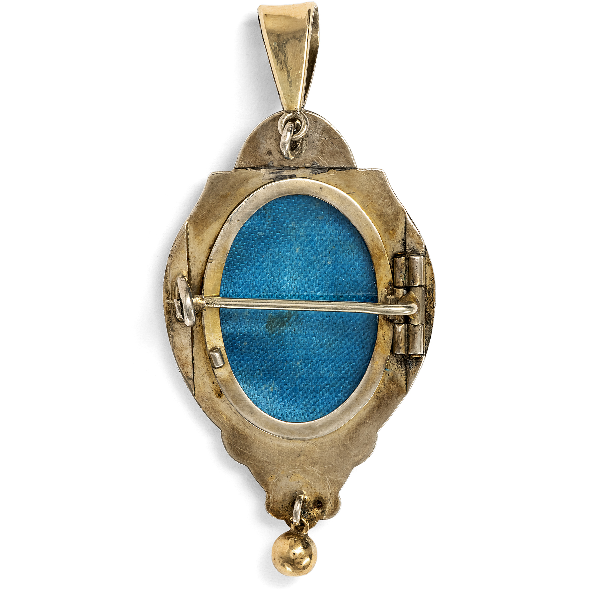 Antique Pendant Brooch in the Form of a Locket with a Front Made of Gold, Enamel, and Pearls, Circa 1890 Antique Pendant Brooch in the Form of a Locket with a Front Made of Gold, Enamel, and Pearls, Circa 1890