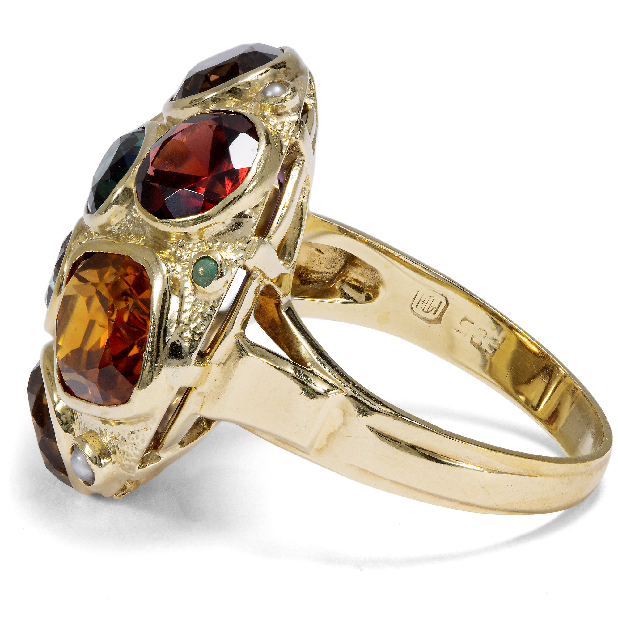 Farbenfroher vintage Ring mit Farbedelsteinen & in Gold, um 1970 Farbenfroher vintage Ring mit Farbedelsteinen & in Gold, um 1970