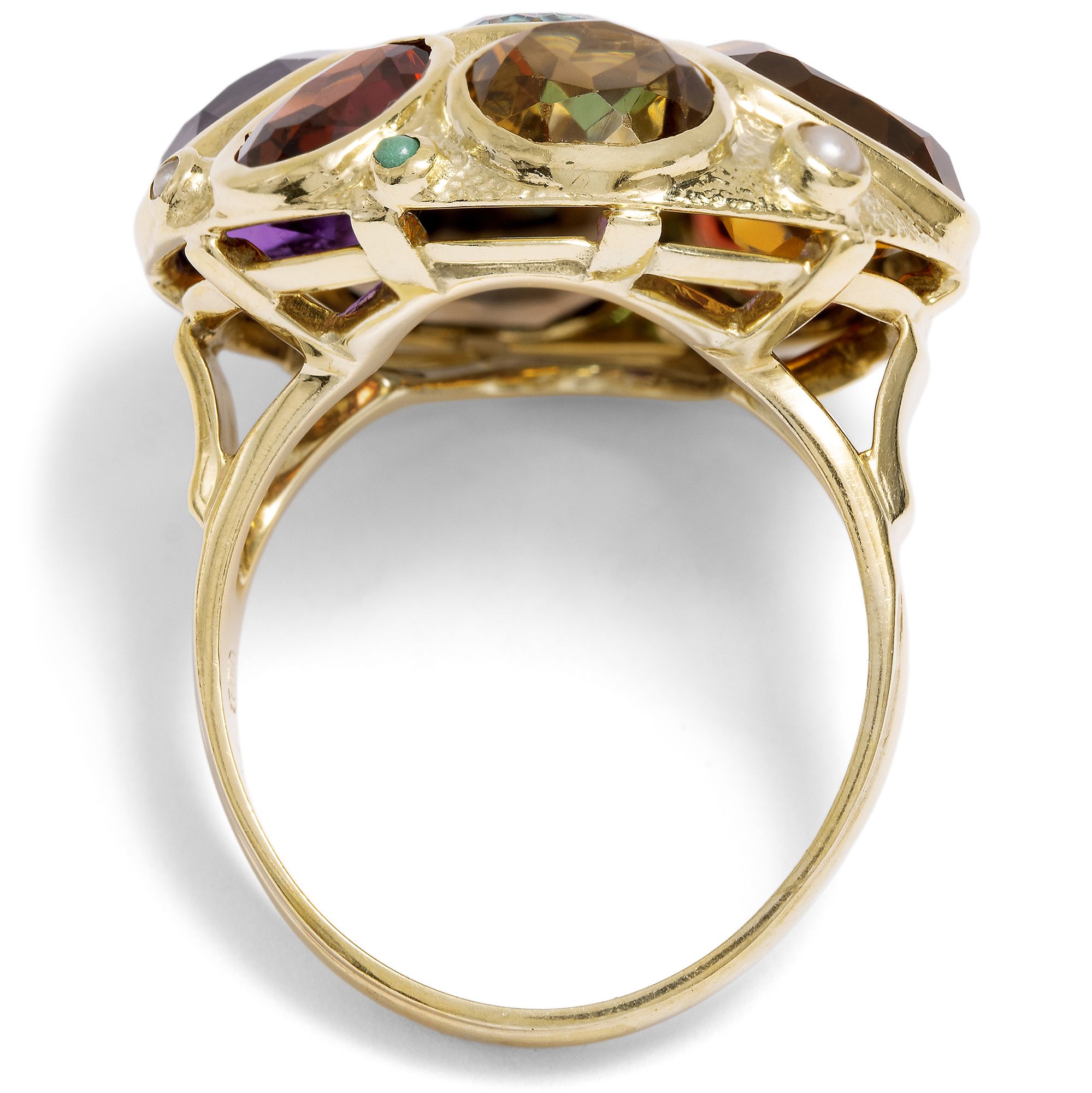 Farbenfroher vintage Ring mit Farbedelsteinen & in Gold, um 1970 Farbenfroher vintage Ring mit Farbedelsteinen & in Gold, um 1970
