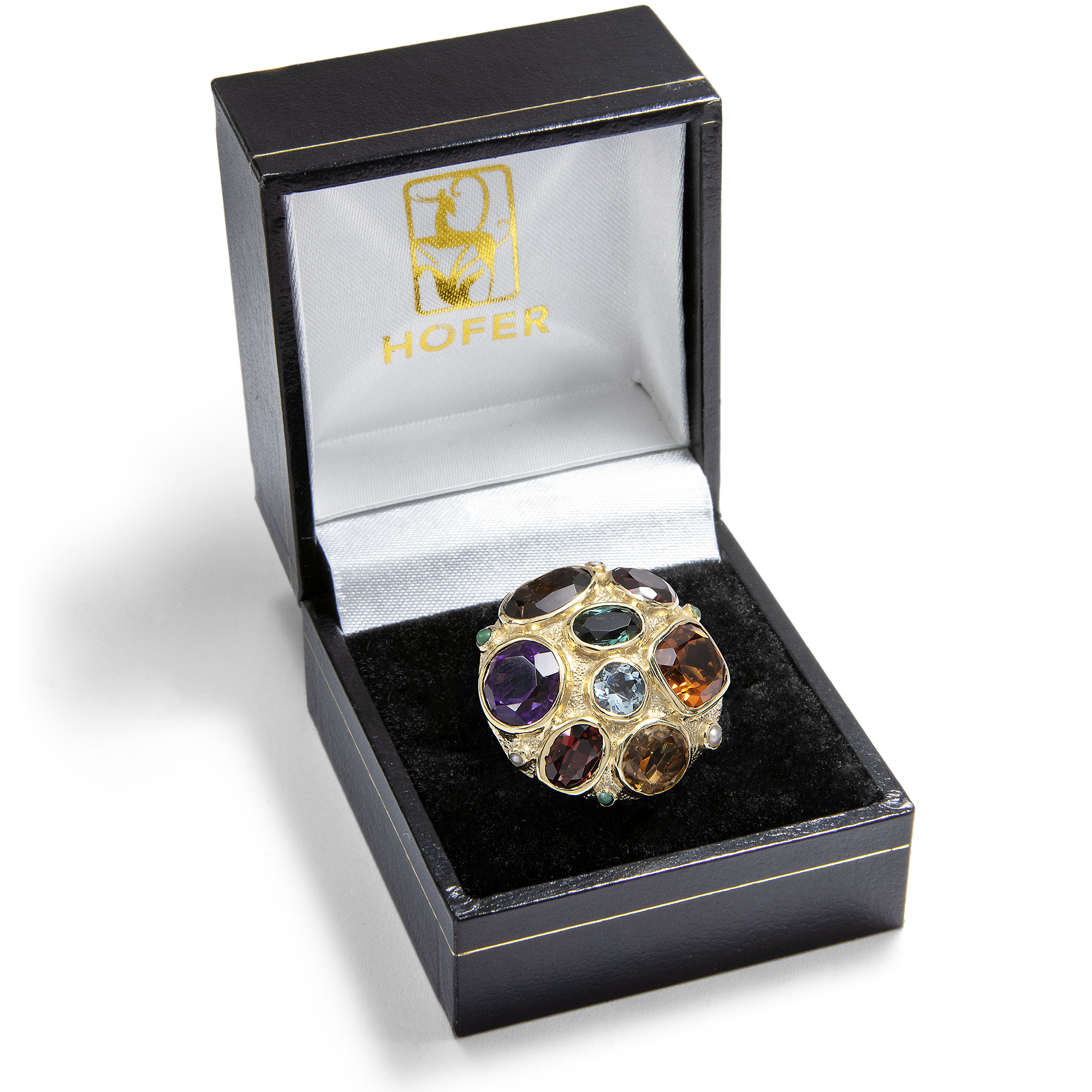 Farbenfroher vintage Ring mit Farbedelsteinen & in Gold, um 1970 Farbenfroher vintage Ring mit Farbedelsteinen & in Gold, um 1970