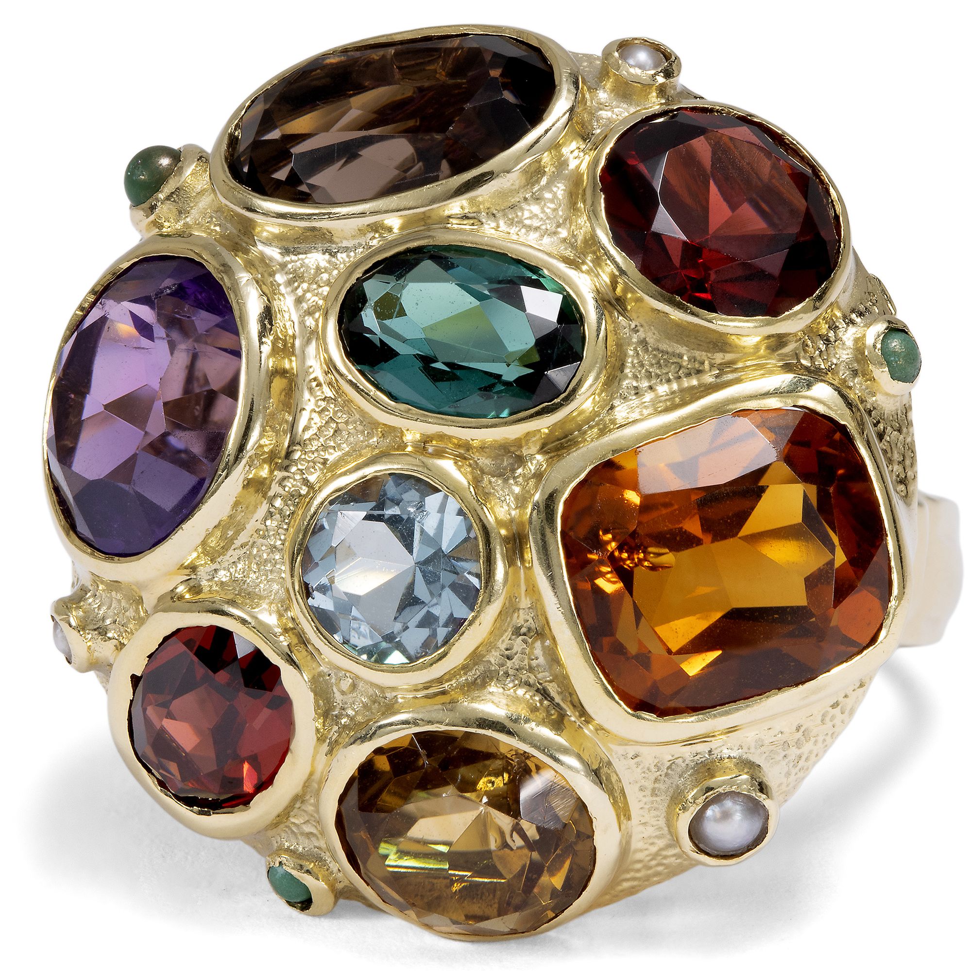 Farbenfroher vintage Ring mit Farbedelsteinen & in Gold, um 1970 Farbenfroher vintage Ring mit Farbedelsteinen & in Gold, um 1970