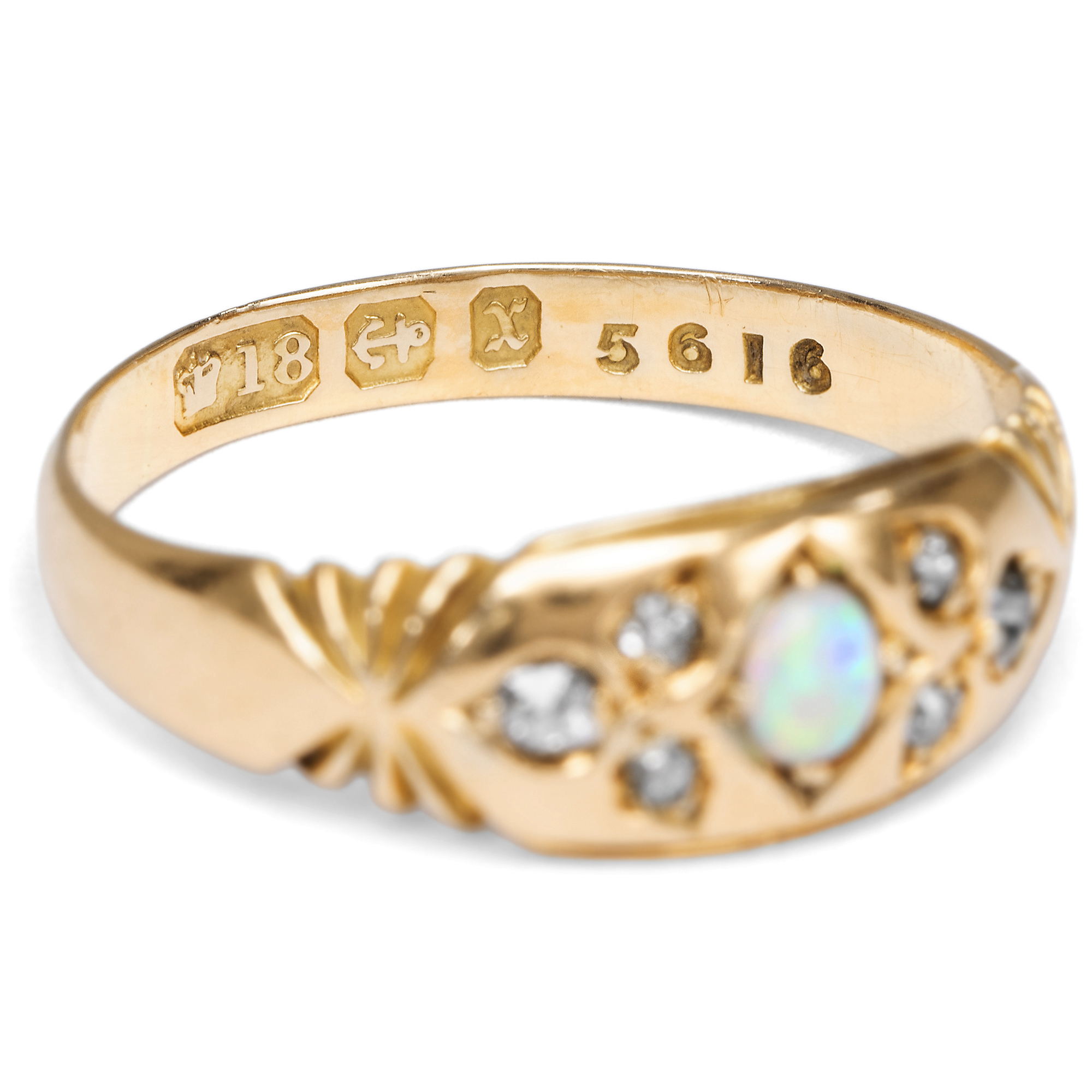 English Gold Ring with Australian Opal and Antique Diamonds, Birmingham 1897 English Gold Ring with Australian Opal and Antique Diamonds, Birmingham 1897