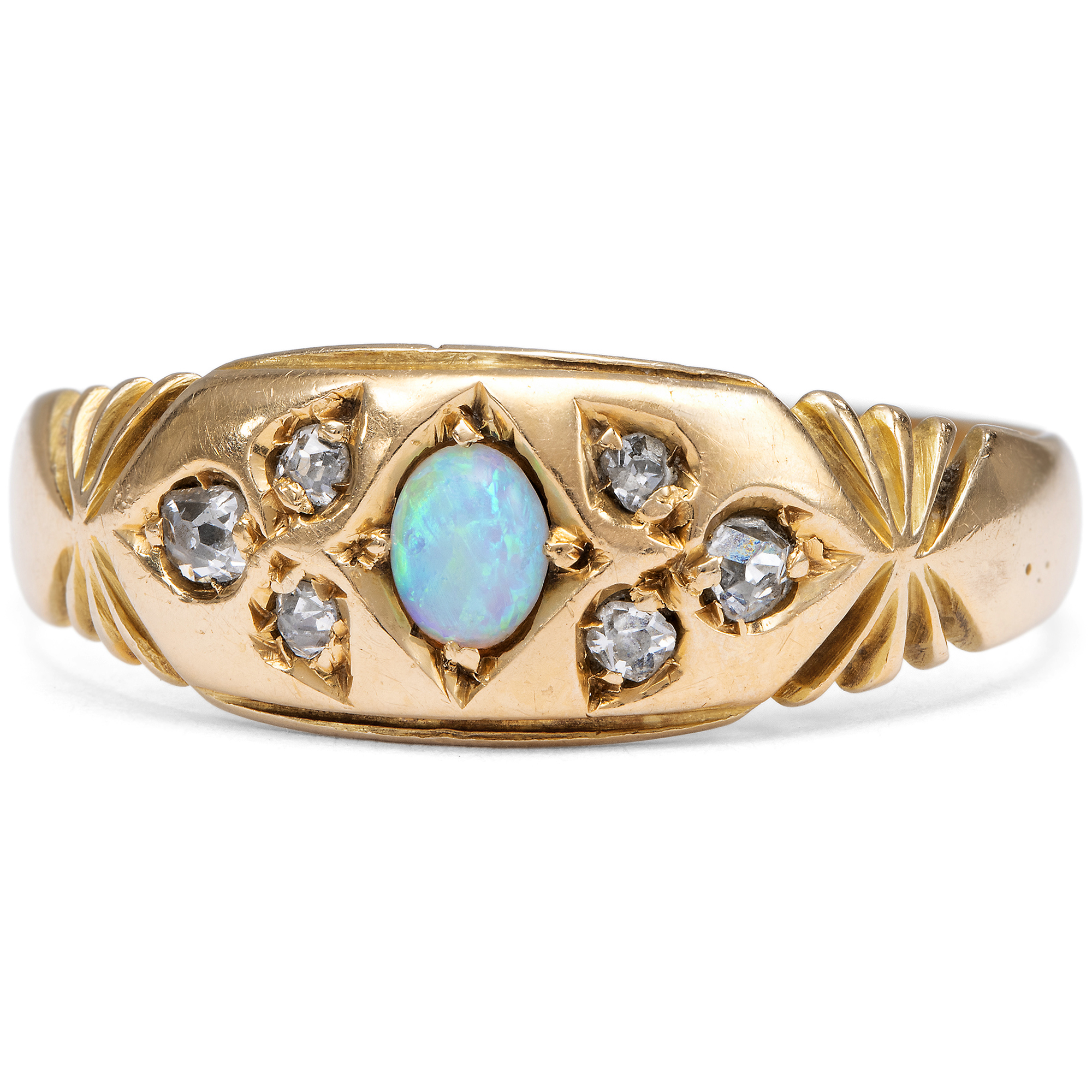English Gold Ring with Australian Opal and Antique Diamonds, Birmingham 1897 English Gold Ring with Australian Opal and Antique Diamonds, Birmingham 1897