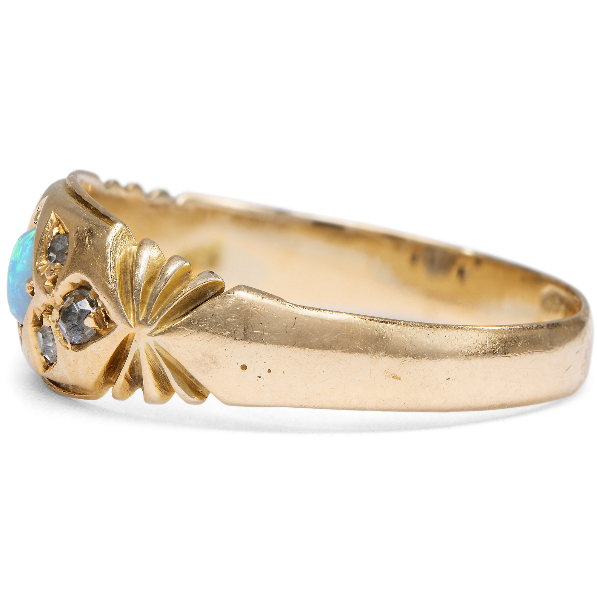 English Gold Ring with Australian Opal and Antique Diamonds, Birmingham 1897 English Gold Ring with Australian Opal and Antique Diamonds, Birmingham 1897