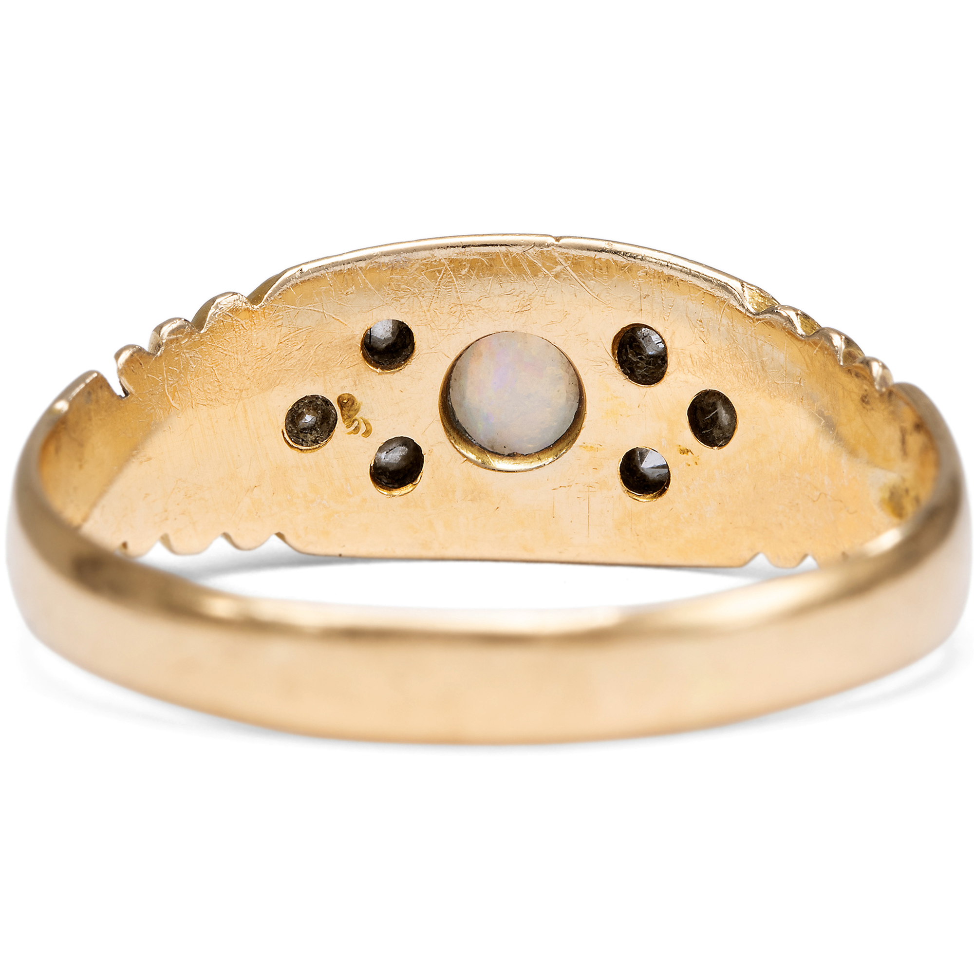 English Gold Ring with Australian Opal and Antique Diamonds, Birmingham 1897 English Gold Ring with Australian Opal and Antique Diamonds, Birmingham 1897