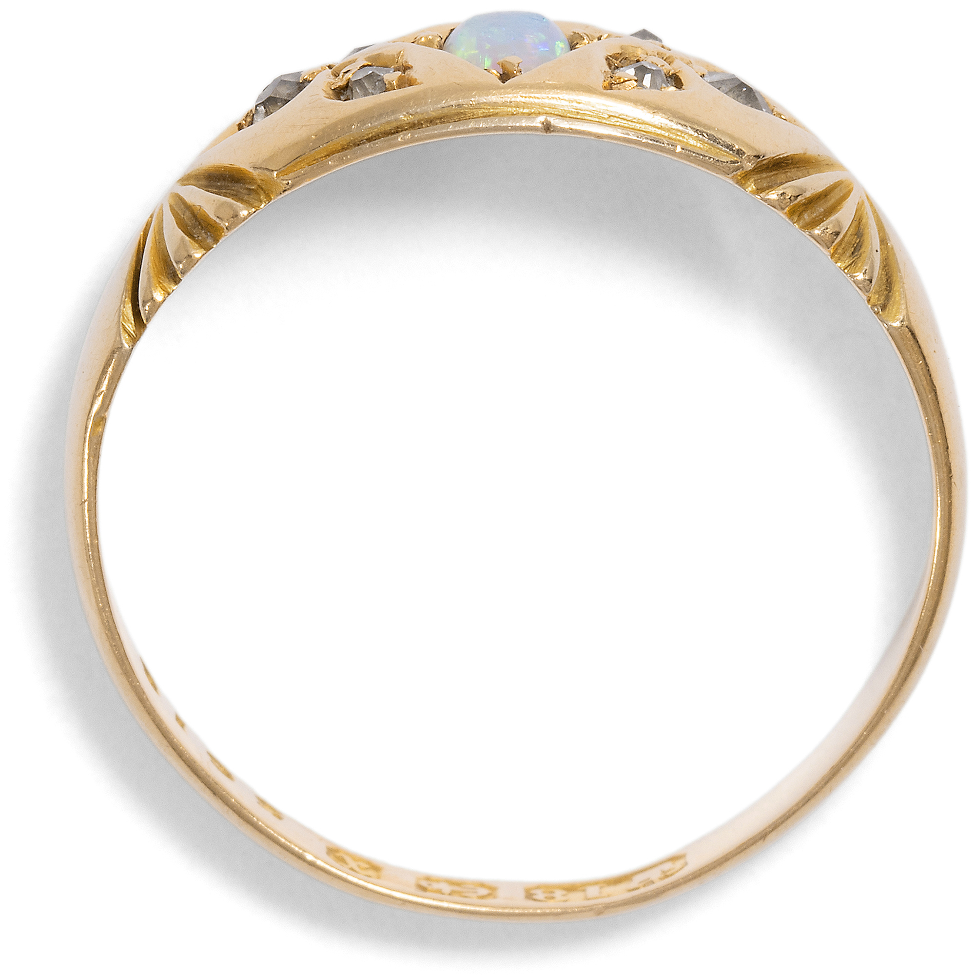 English Gold Ring with Australian Opal and Antique Diamonds, Birmingham 1897 English Gold Ring with Australian Opal and Antique Diamonds, Birmingham 1897