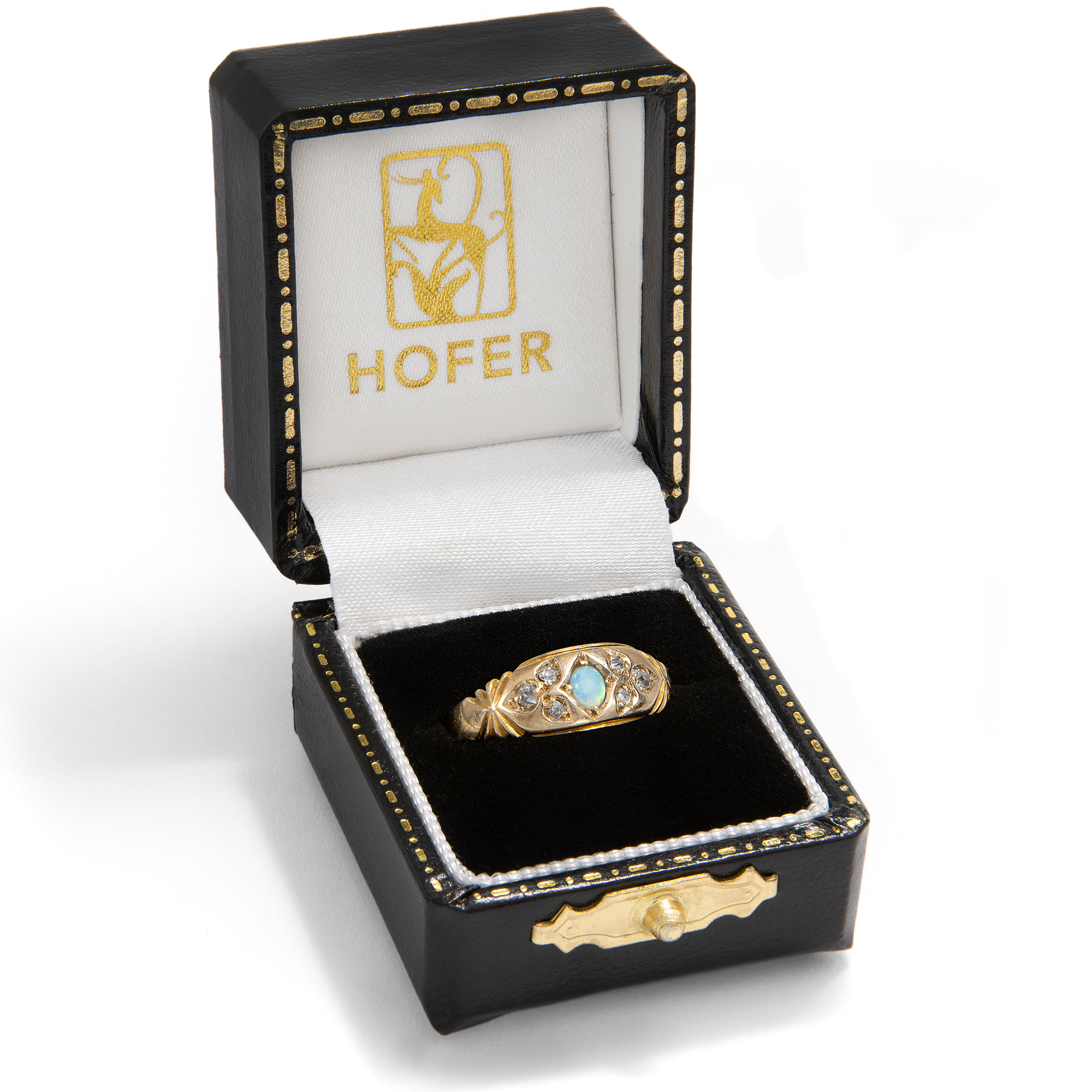 English Gold Ring with Australian Opal and Antique Diamonds, Birmingham 1897 English Gold Ring with Australian Opal and Antique Diamonds, Birmingham 1897