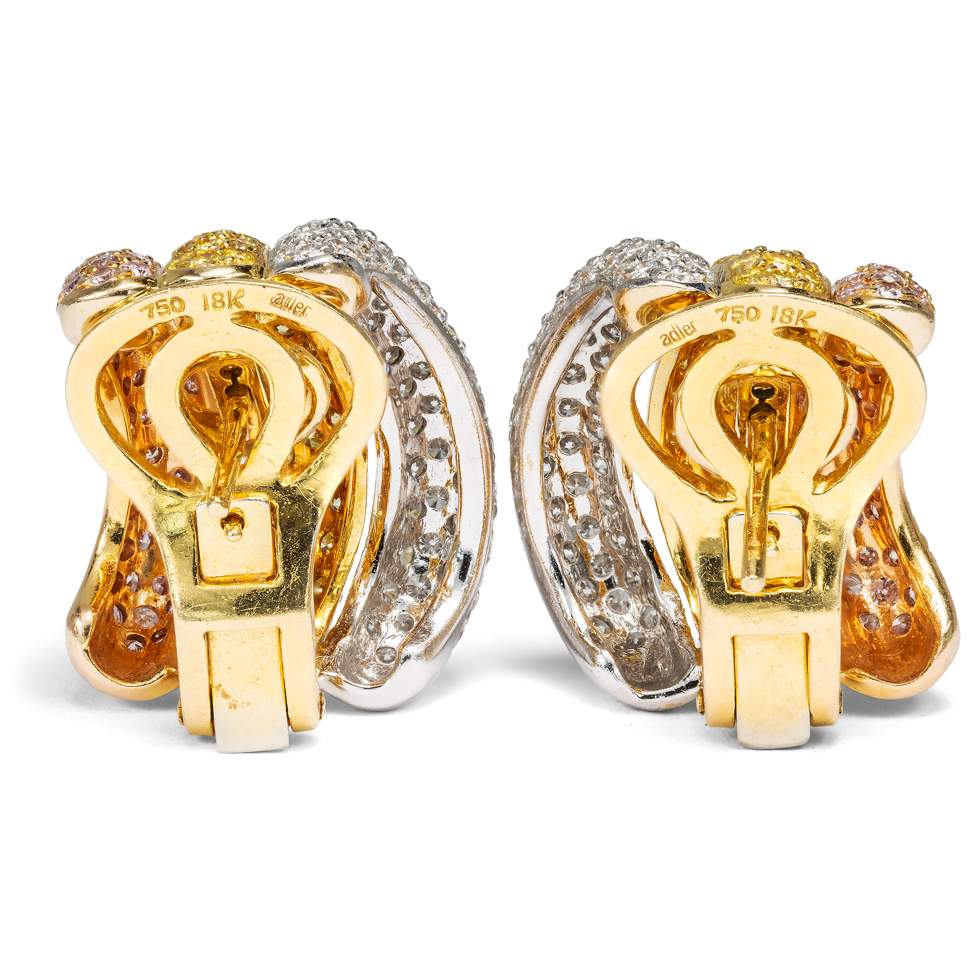 Glamouröse Ohrclips mit Fancy Colour Diamanten in Gold von Adler, Genf um 2000 Glamouröse Ohrclips mit Fancy Colour Diamanten in Gold von Adler, Genf um 2000