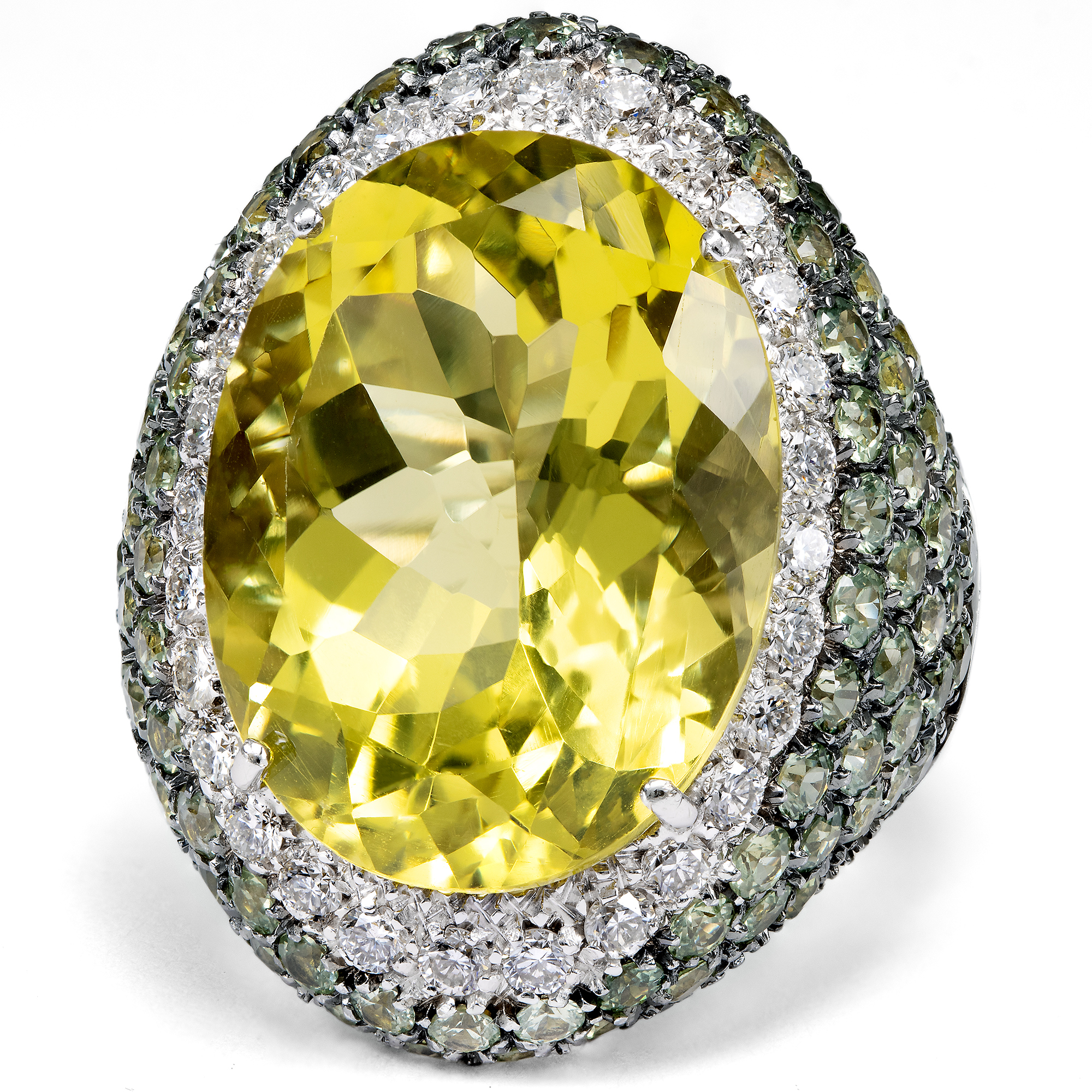 Moderner Ring mit Lemonquarz, Saphiren & Diamanten in Weißgold, Italien um 2010 Moderner Ring mit Lemonquarz, Saphiren & Diamanten in Weißgold, Italien um 2010