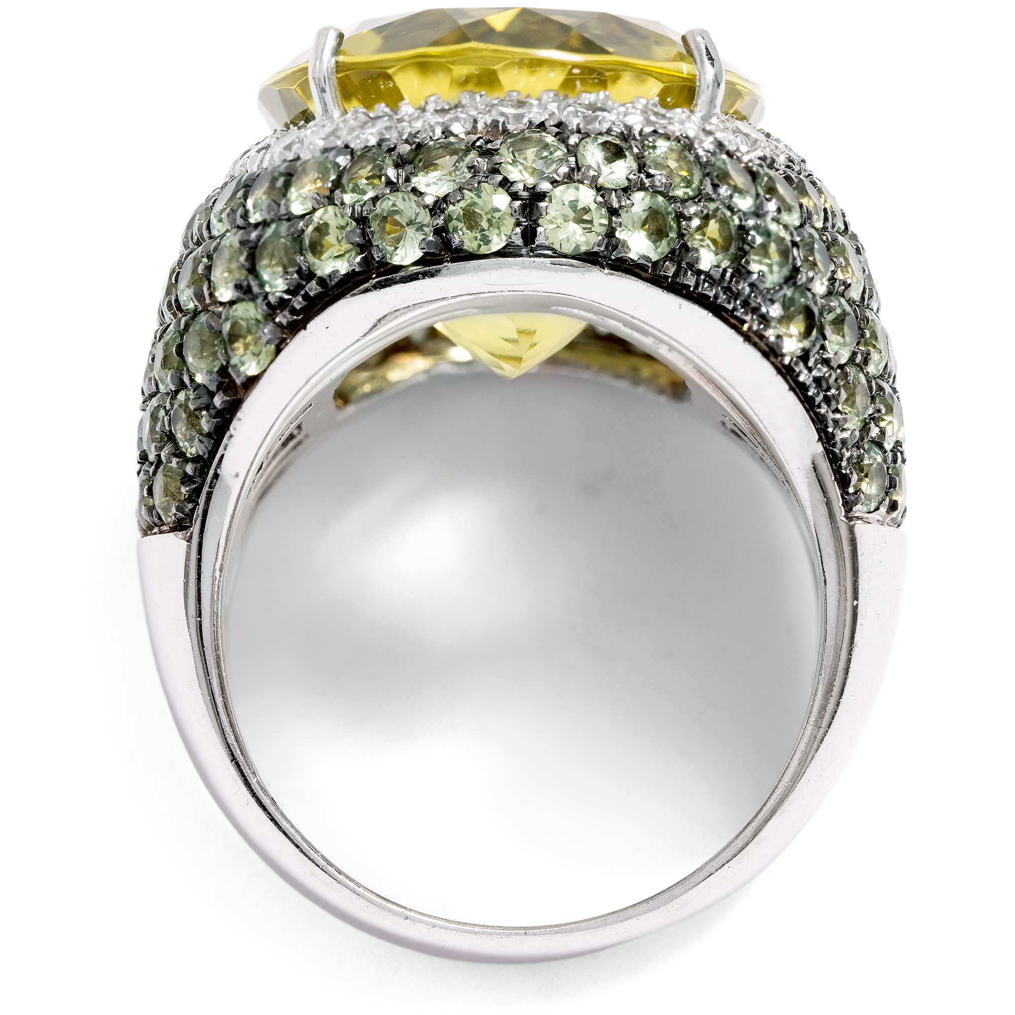Moderner Ring mit Lemonquarz, Saphiren & Diamanten in Weißgold, Italien um 2010 Moderner Ring mit Lemonquarz, Saphiren & Diamanten in Weißgold, Italien um 2010