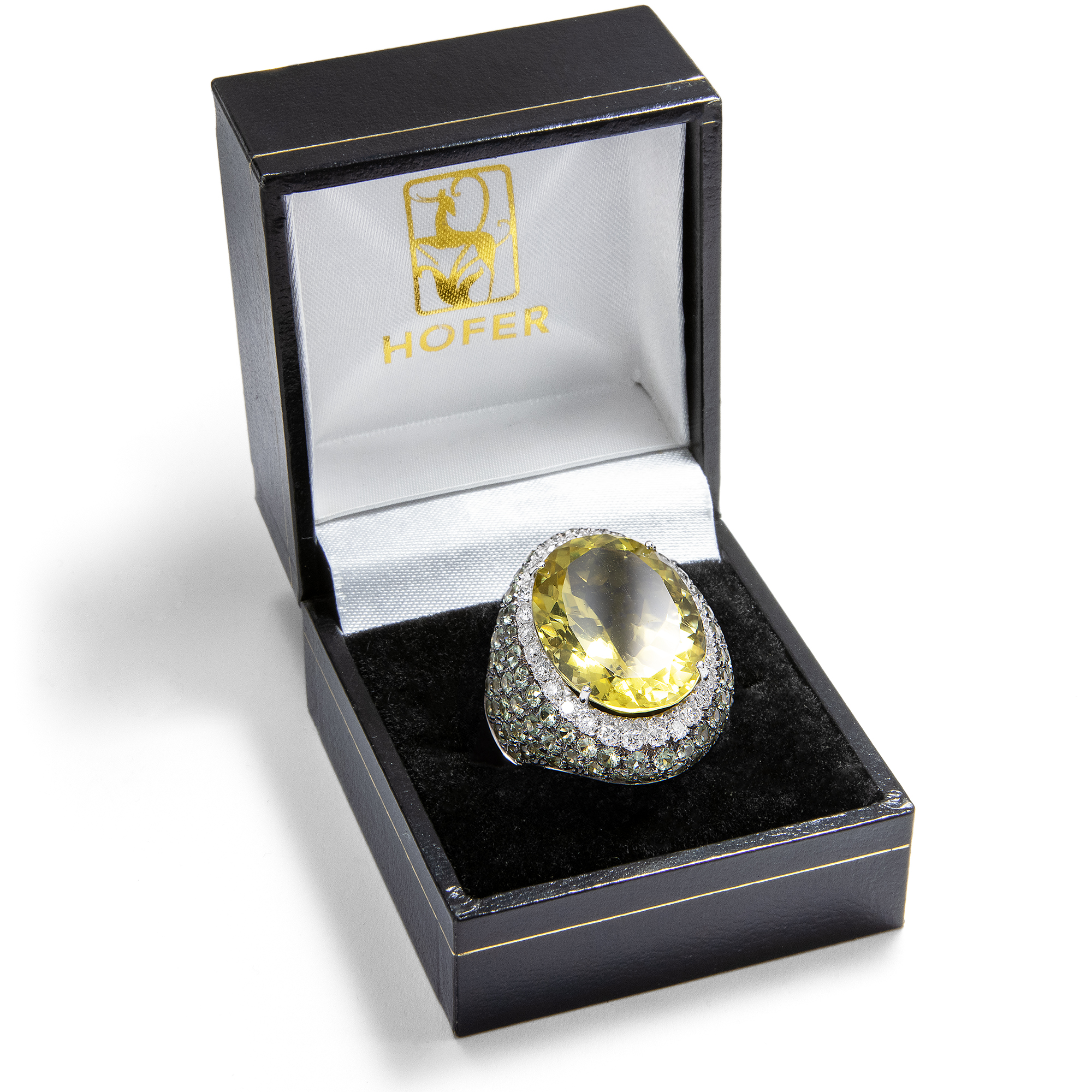 Moderner Ring mit Lemonquarz, Saphiren & Diamanten in Weißgold, Italien um 2010 Moderner Ring mit Lemonquarz, Saphiren & Diamanten in Weißgold, Italien um 2010