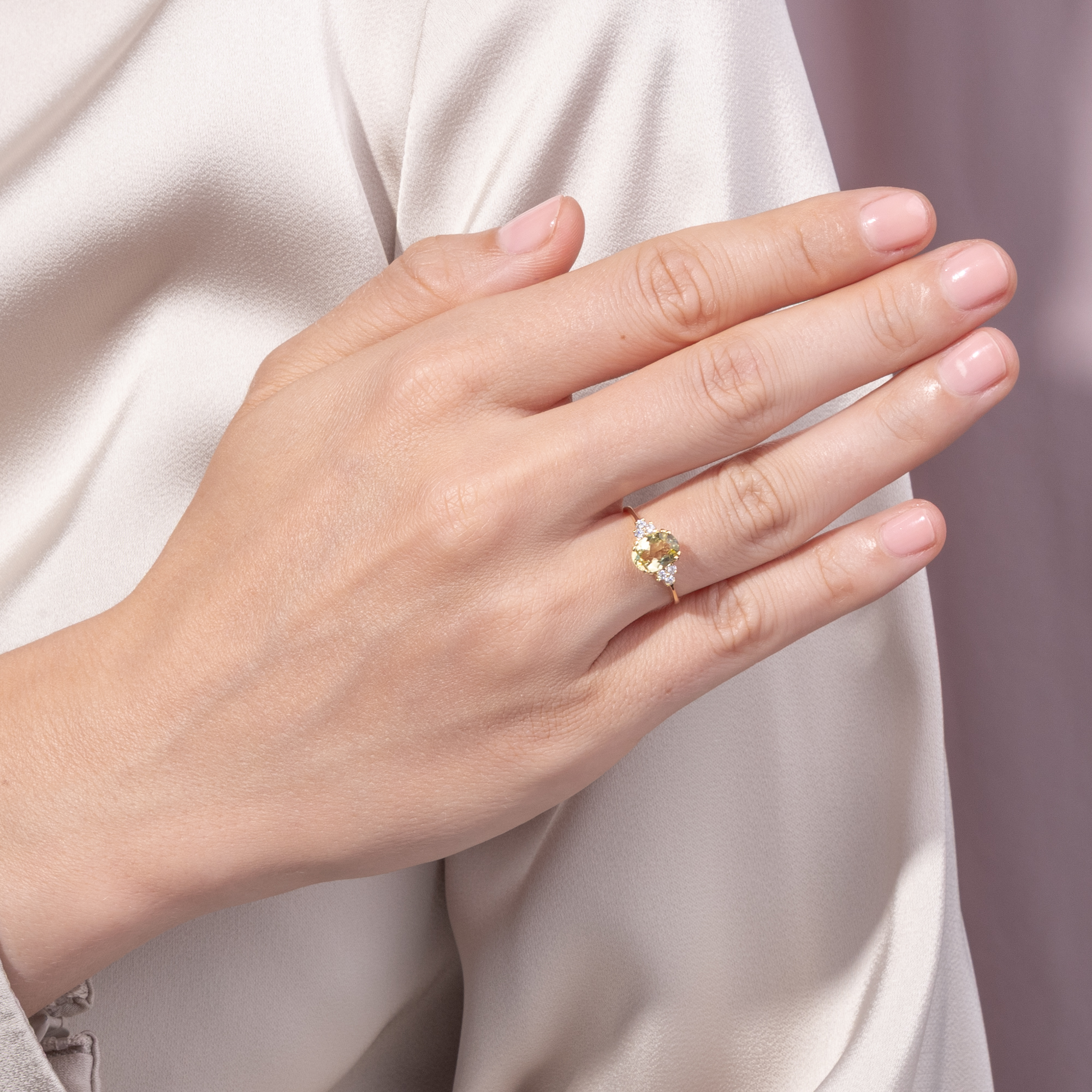 Delicate Ring with Yellow-Green Tourmaline & Diamonds in Gold, From Our Workshop Delicate Ring with Yellow-Green Tourmaline & Diamonds in Gold, From Our Workshop